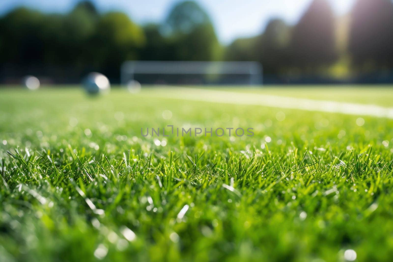 Soccer ball on the white line on the grass, which marks the area of the soccer field. In the blurred background.