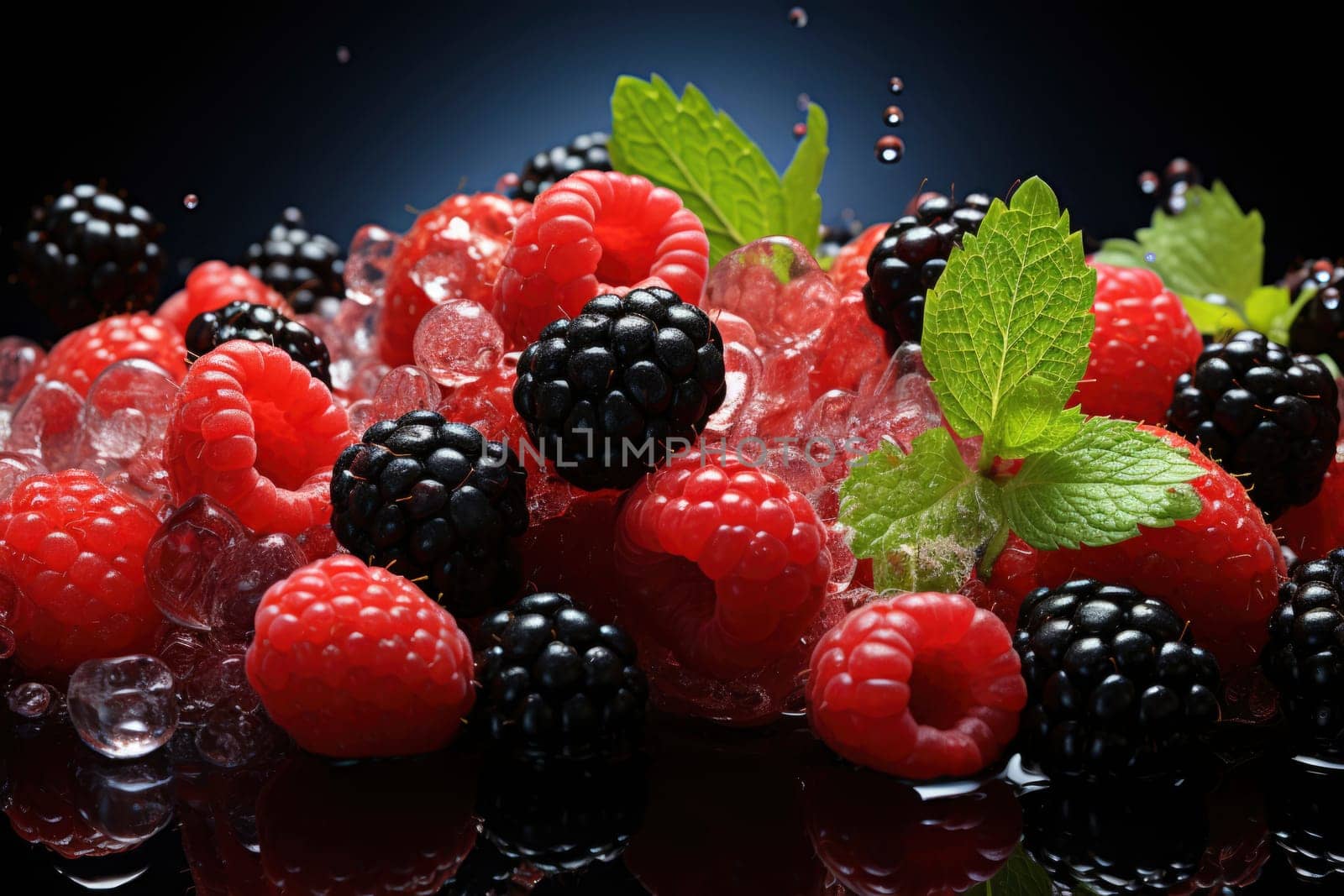 Berries closeup colorful assorted mix of strawberry, blueberry, raspberry and sweet cherry in studio on dark background.