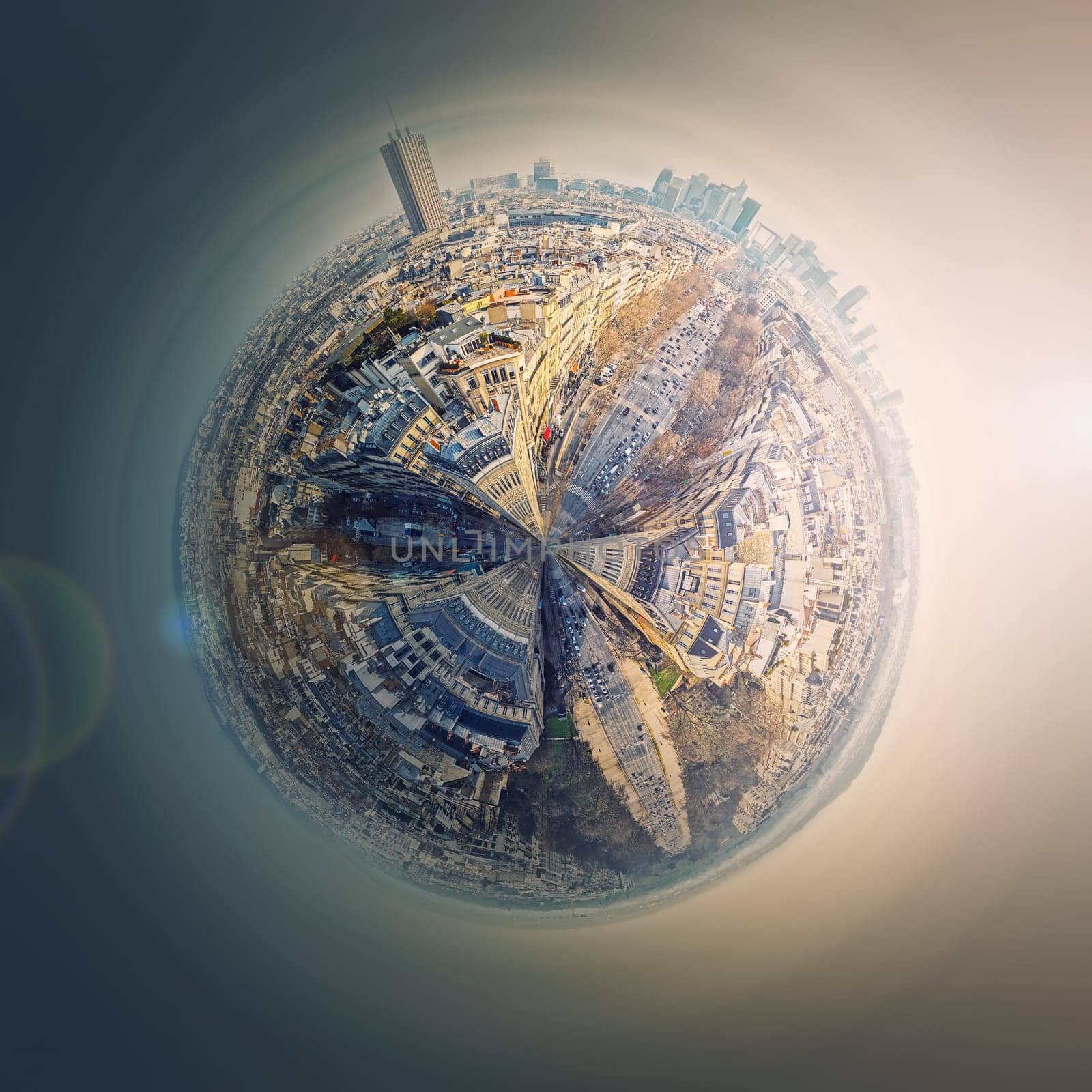 Aerial Paris as a micro planet in space. Sightseeing city panorama in shape o a globe with view to La Defense metropolitan district, France. Champs-Elysee avenue, parisian architecture and landmarks