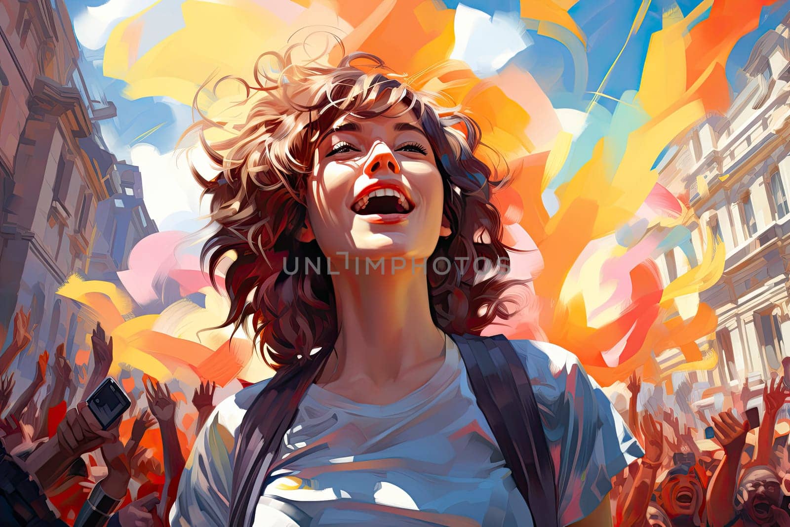 A young happy woman during a pride parade with waving rainbow flags in the background. a symbol of homosexuality.