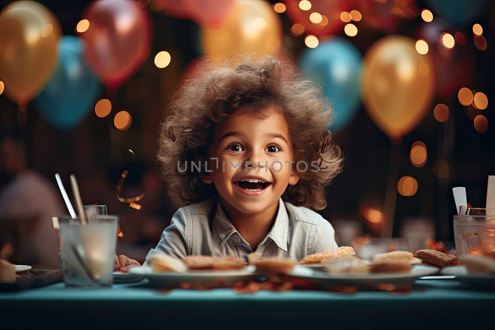 Little girl birthday party table with balloons, cupcakes, and sugaer cookies on a birthday background