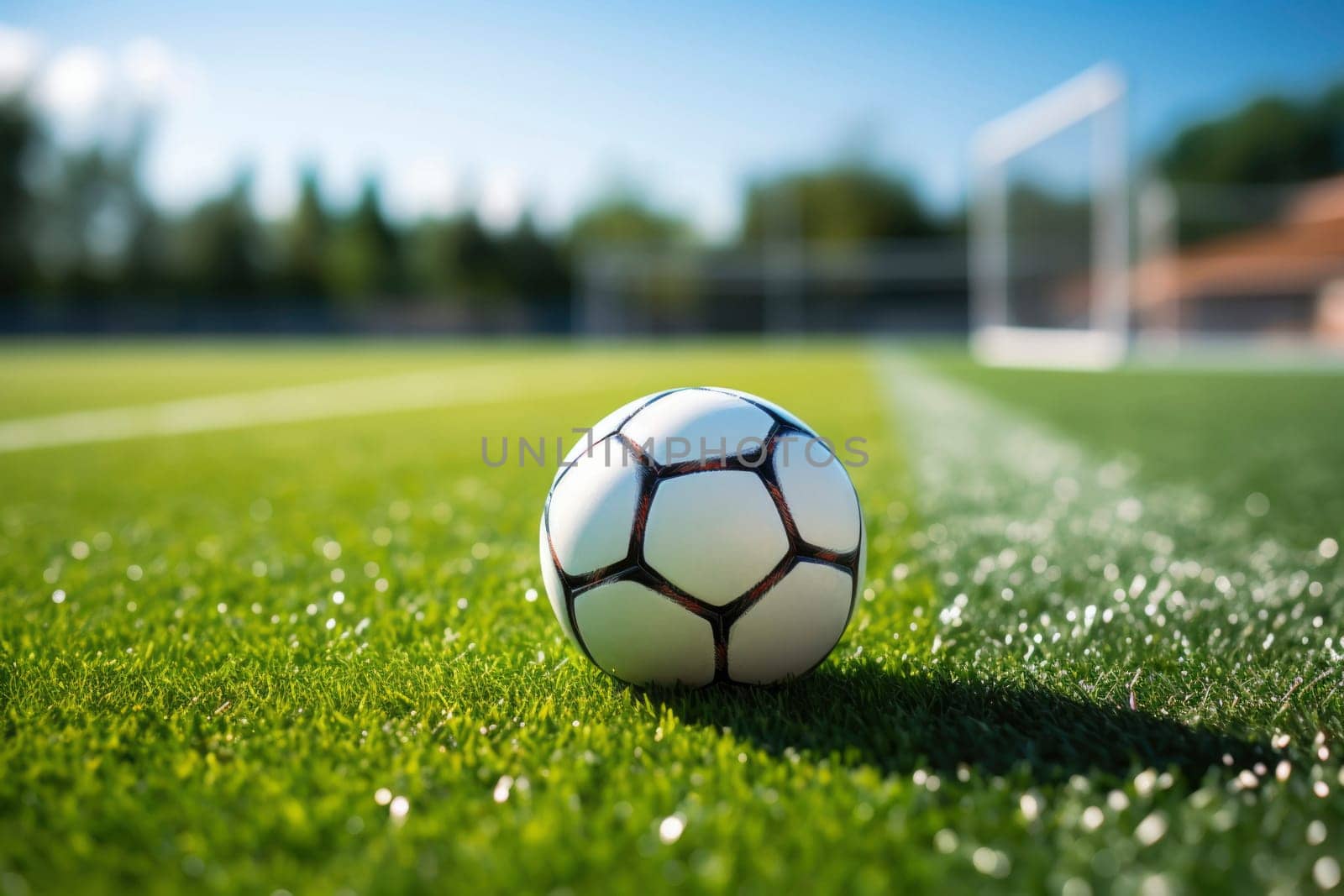 Soccer ball on the white line on the grass, which marks the area of the soccer field. In the blurred background.