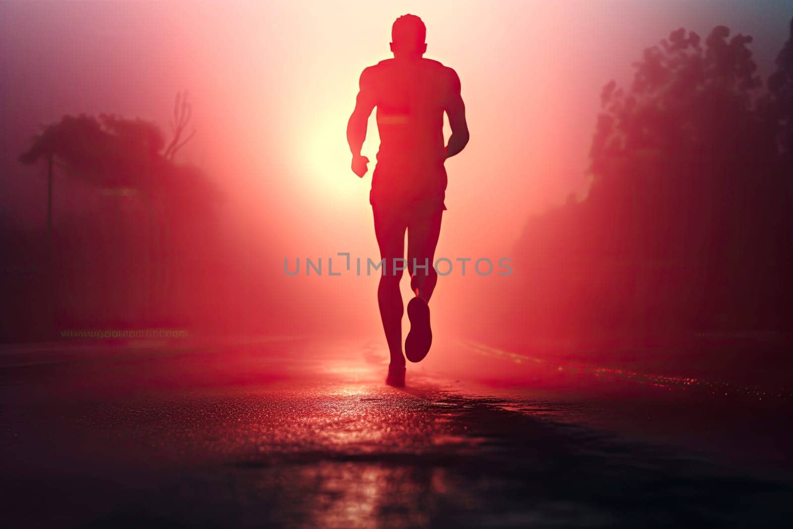 Silhouette of a jogger running along a road with the sun in his face