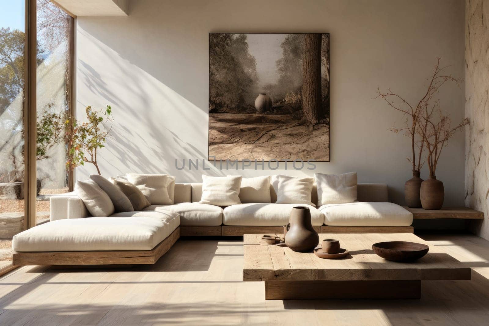 Livingroom of bright minimalist modern interior design huge bright apartment. Sunny room with large windows and sun.