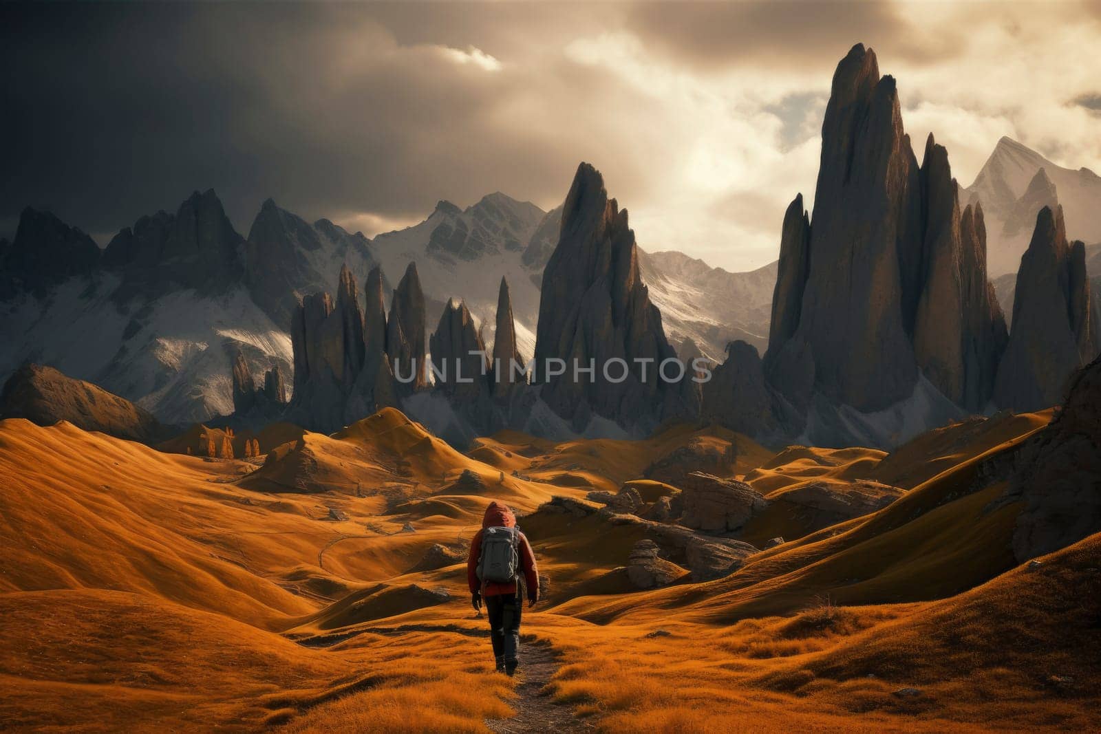 Man backpacker hiking in mountains alone outdoor active lifestyle travel adventure vacations sunset landscape.