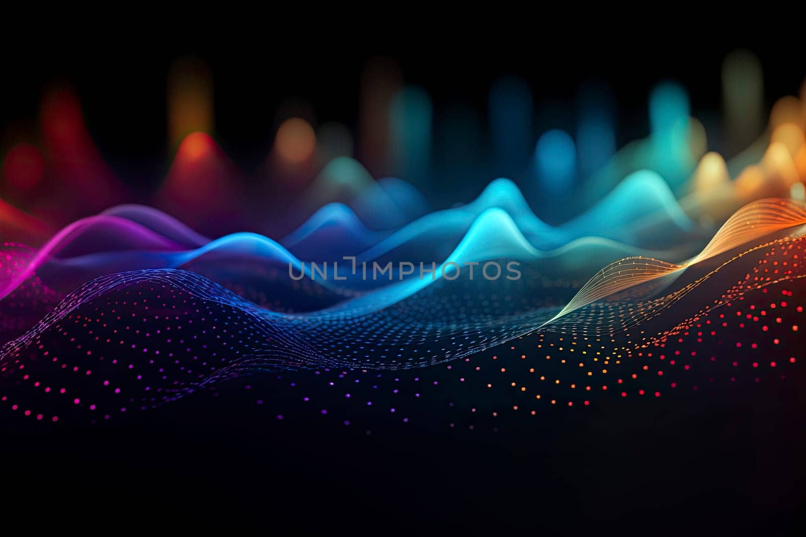 Sound musical waves oscillating dark blue red yellow light, Abstract technology background.