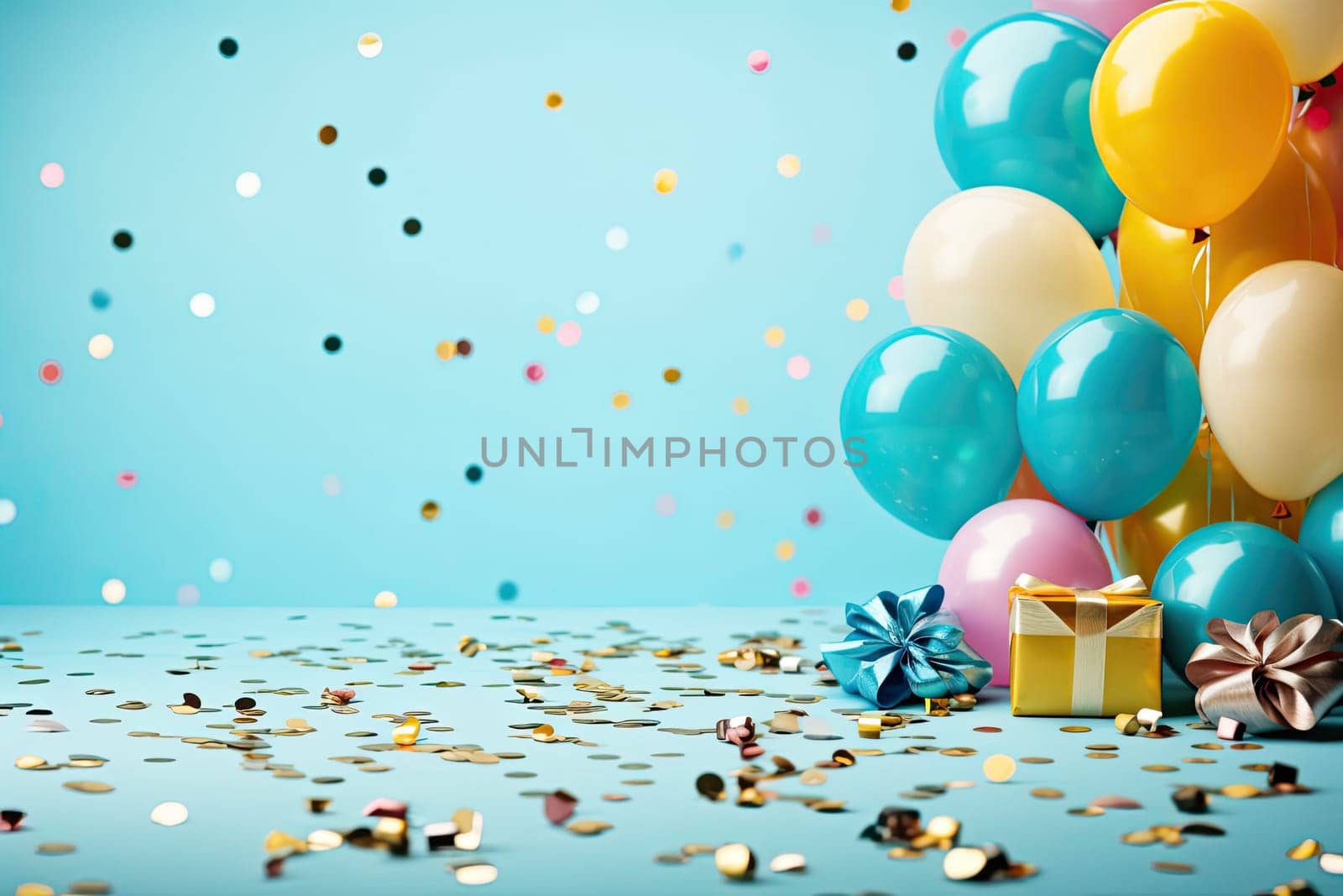 Multicolored carnival or birthday background on blue with a frame of colorful party balloons, streamers, confetti and candy around central copy space.