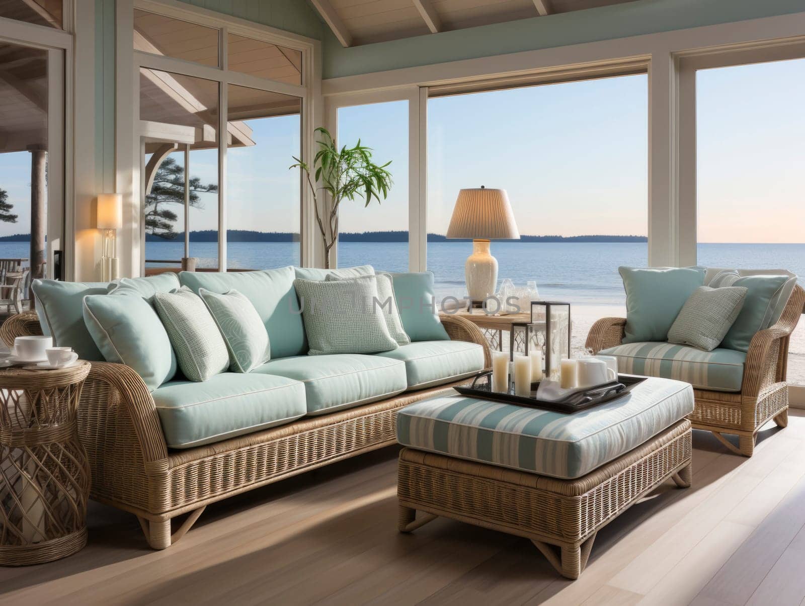 Coastal interior design. Interior photography of a residential timber deck in a coastal style home with furniture table setting.