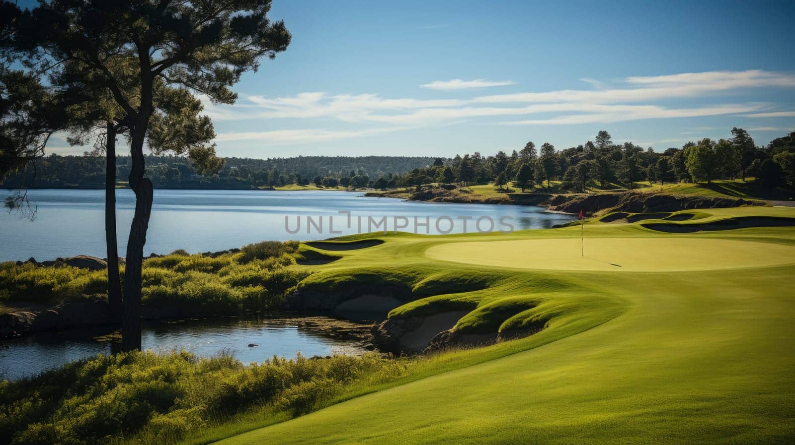 Golfcourse, Beautiful landscape of a golf court with trees and green grass.