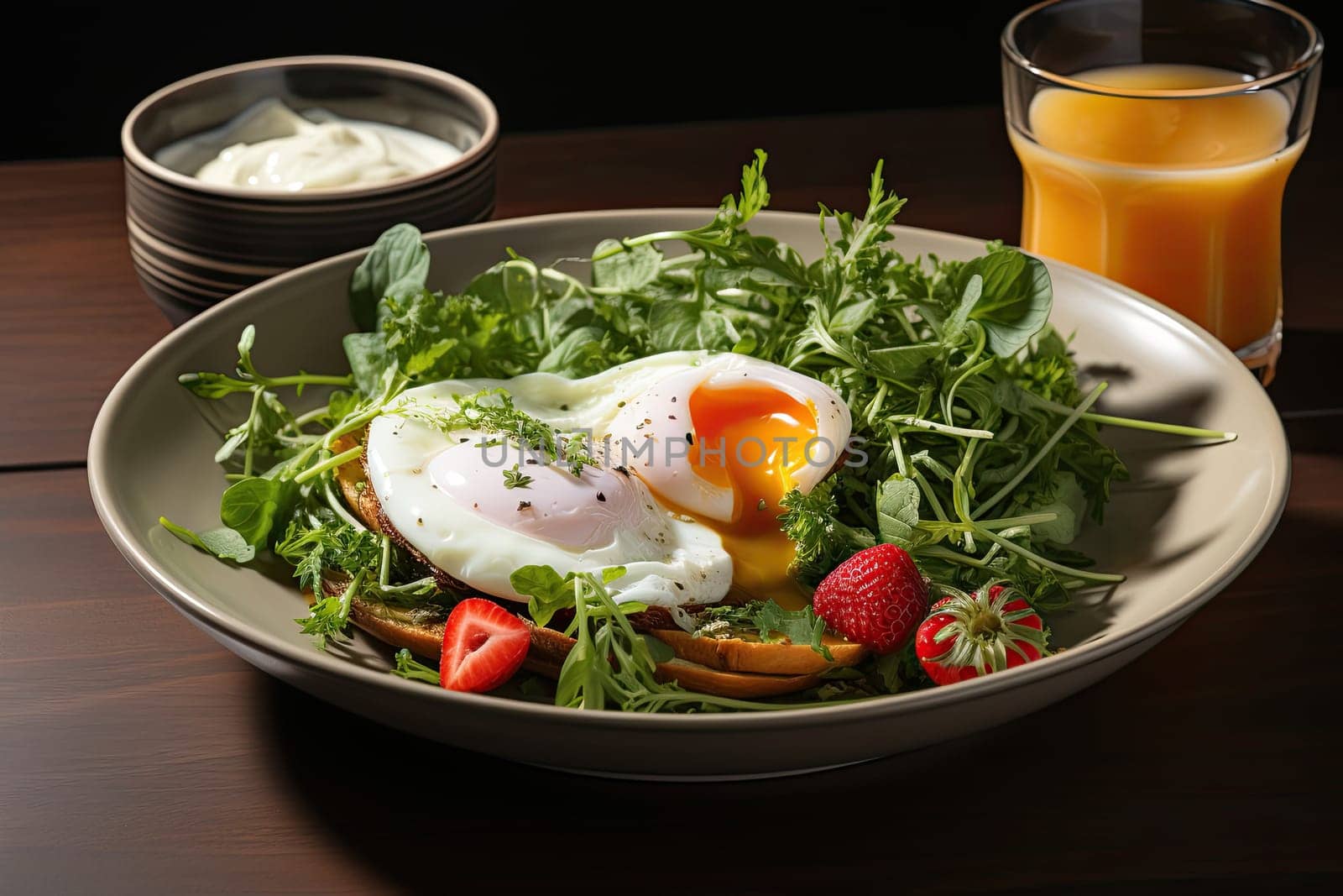 English breakfast, fried egg, tomatoes, bacon and yoghurt. Black background.