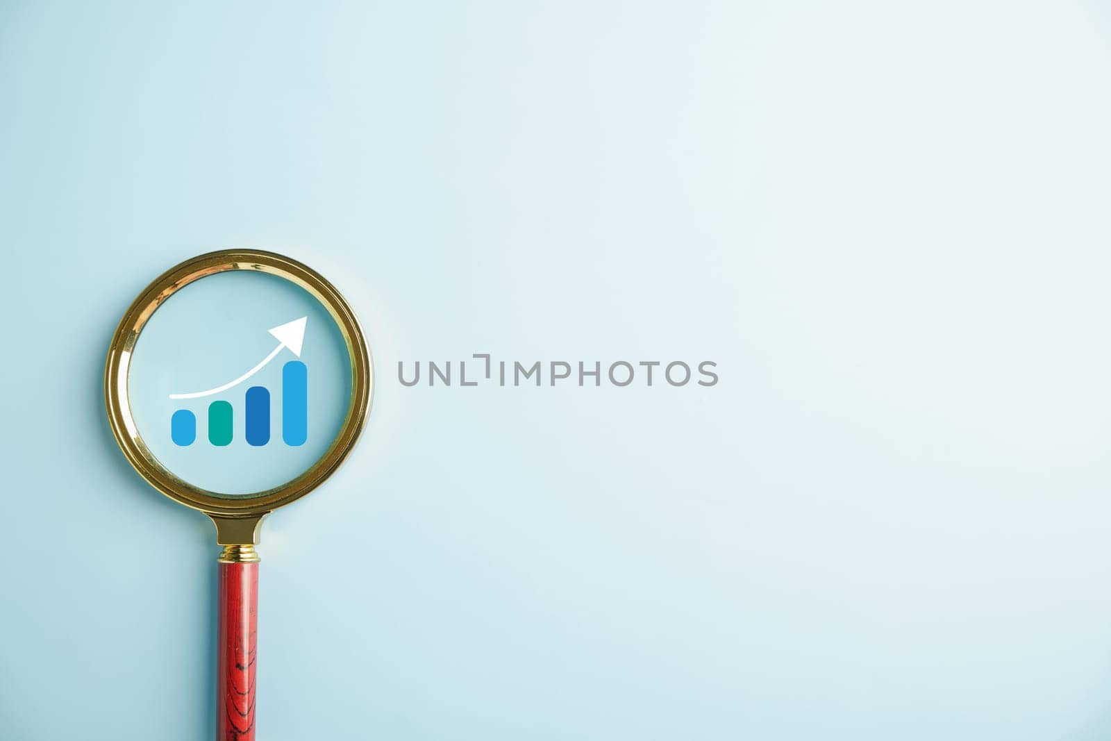 Lens of precision, Trader magnifier glass probes bar graph with arrow pointing up. Analyzing technical stock market chart epitomizes business investment role in market analysis and decision-making.