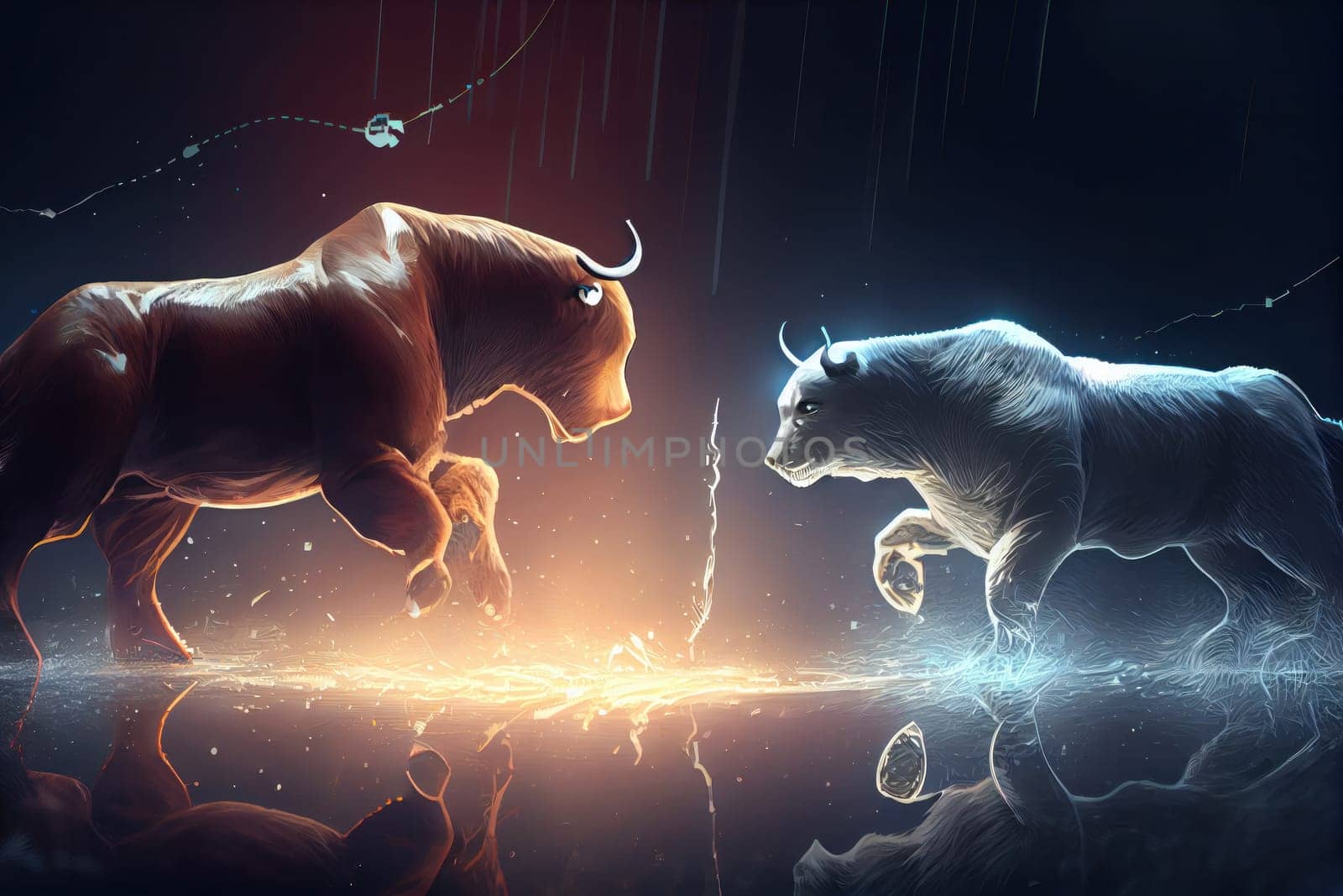 Stock market bull and bear figurines locked in a battle of financial prowess with New York's iconic skyscrapers in the backdrop. AI Generative.