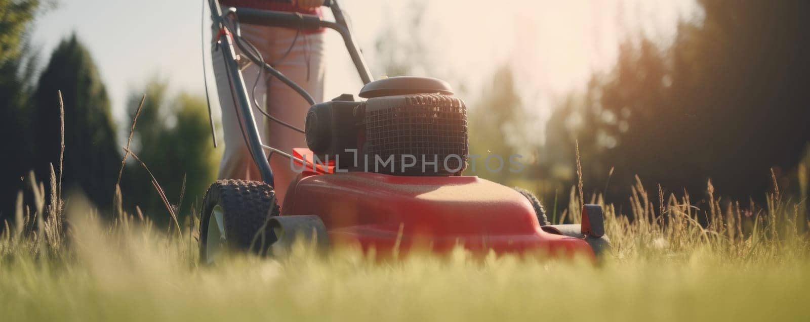 Woman mowing the grass with a lawnmower on a sunny day, enjoying the outdoor exercise and fresh air. AI Generative.