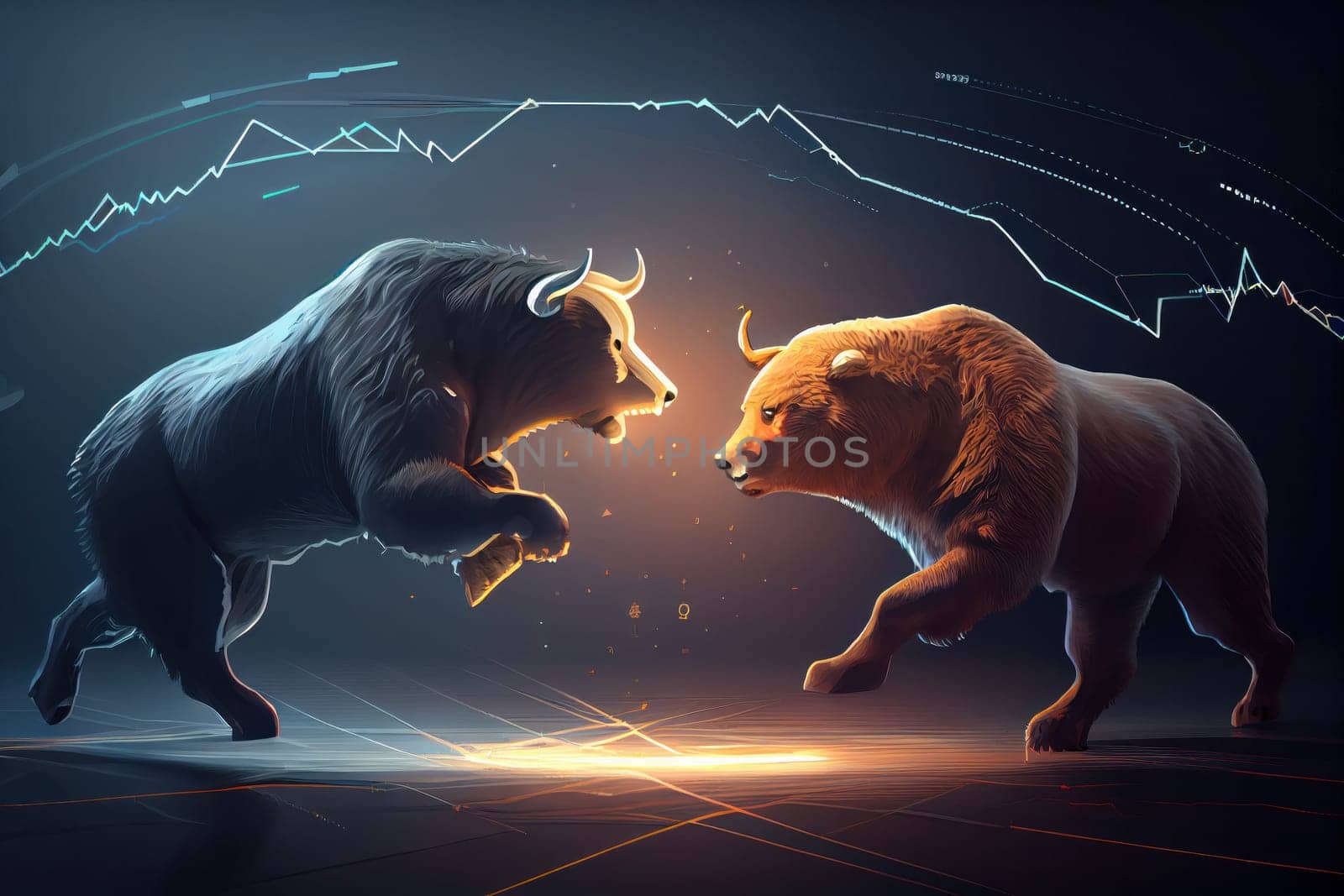 A dynamic shot of the Bull and Bear in a fierce battle, with traders and brokers scurrying around them. AI Generative can help traders stay ahead of the game.