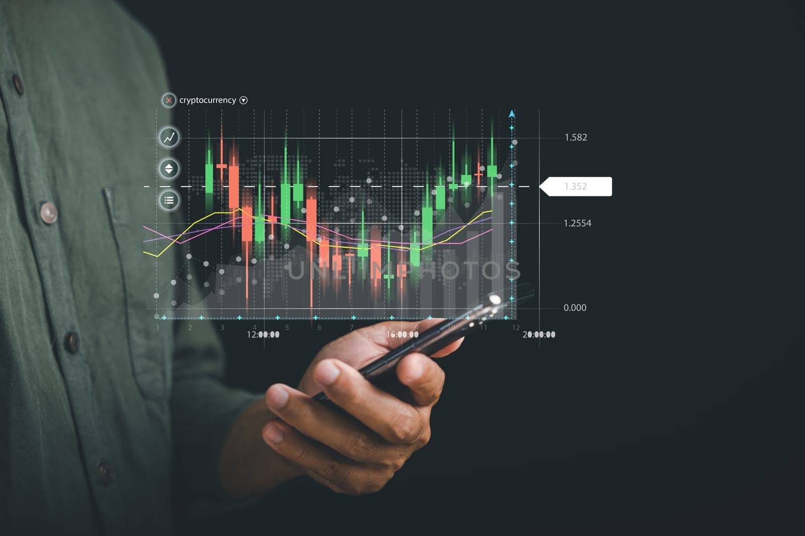 Businessman reveals a growing virtual hologram stock on smartphone, depicting the success and progress of stock market trading. Planning and strategy for business growth. Invest in trading.