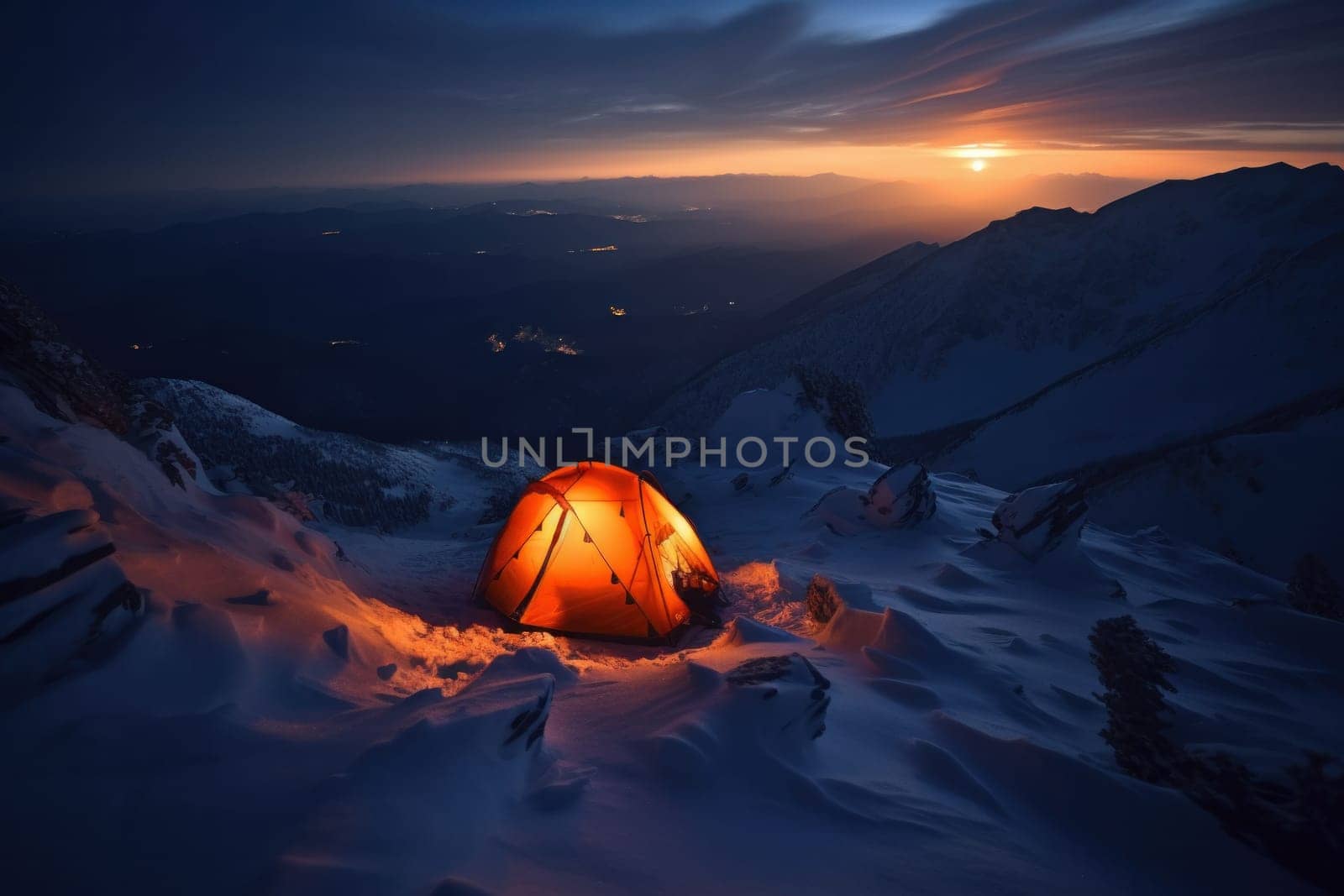 Camping in the snow under the stars an adventurous winter escape into the wilderness. AI Generative