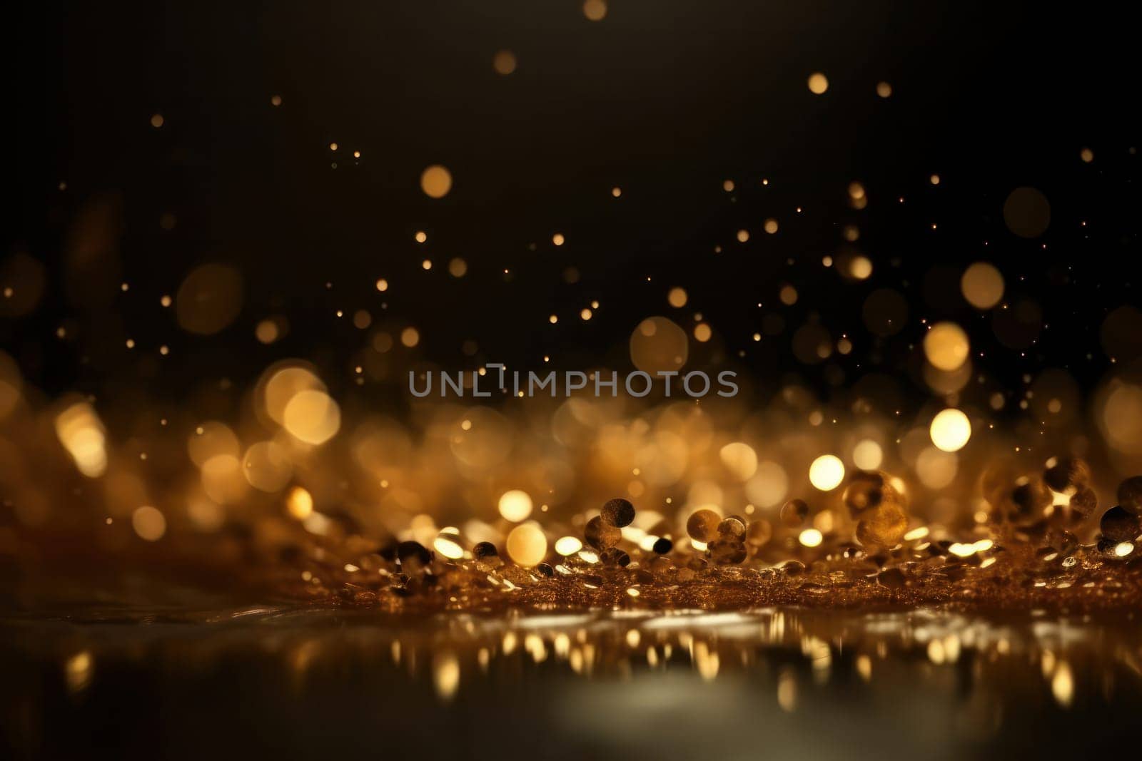 Golden glitter particles flying in the air with defocused abstract Twinkly Lights. Shiny metallic texture for Christmas and gala celebration. AI Generative.