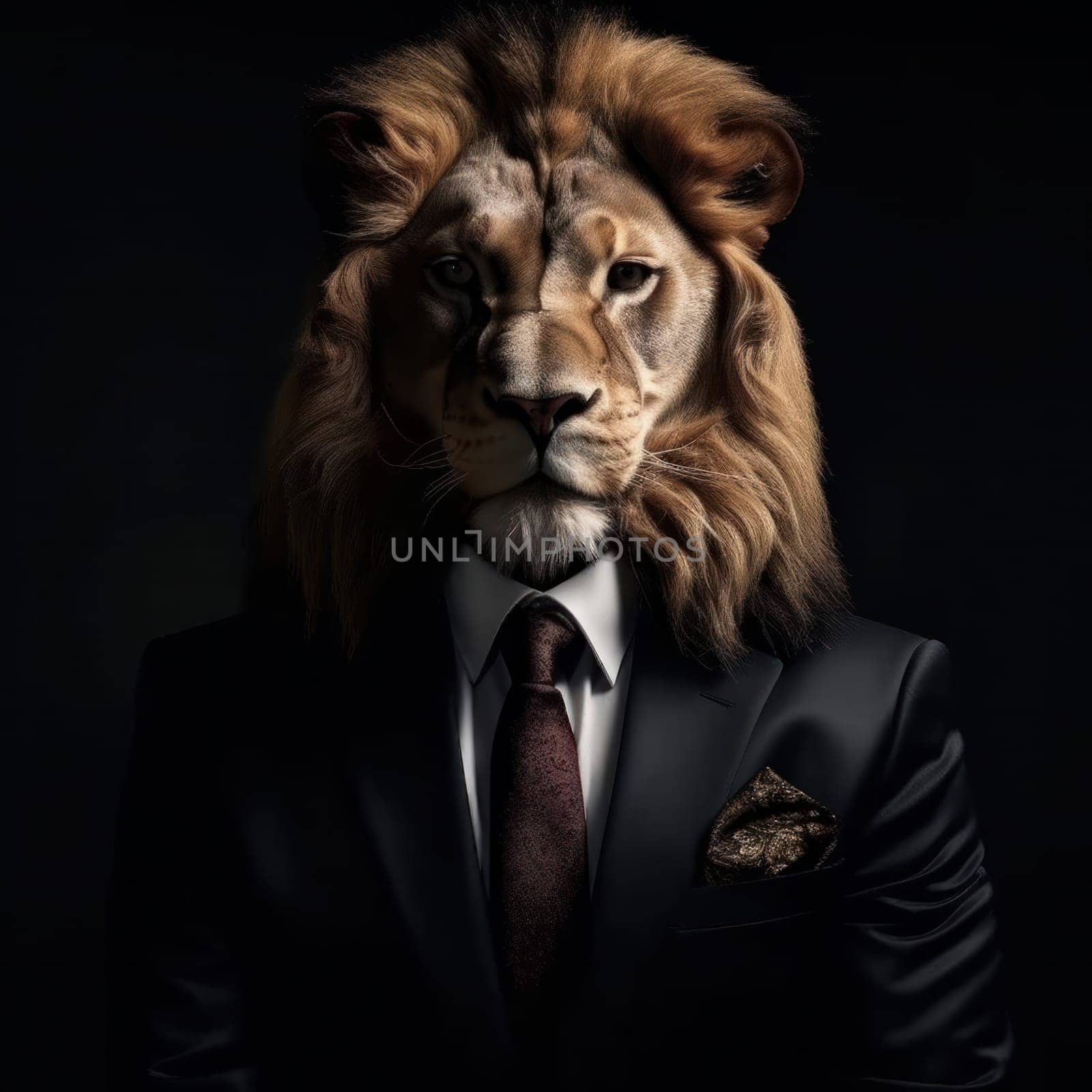This lion is all suited up Dressed in formal attire with a tie, exuding power, elegance, and professionalism. Perfect for corporate or business themes. AI Generative.