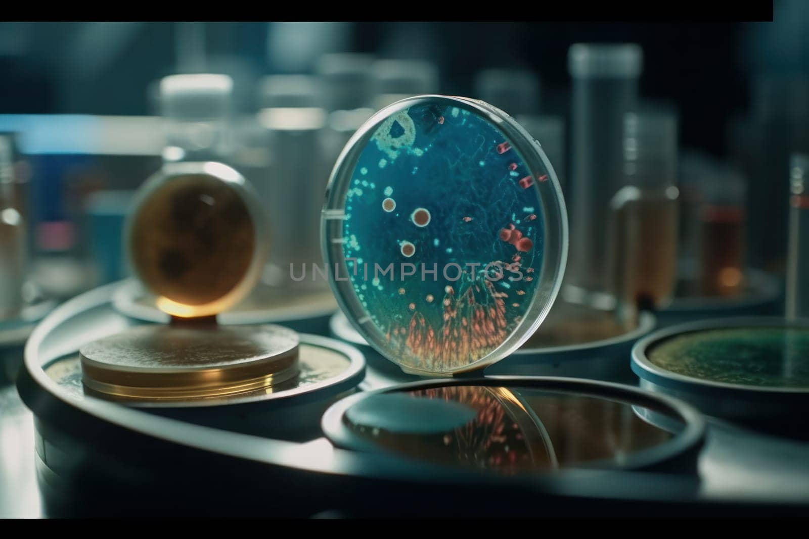 Petri dish with virus culture and blue background for biotechnology concept is AI Generative.