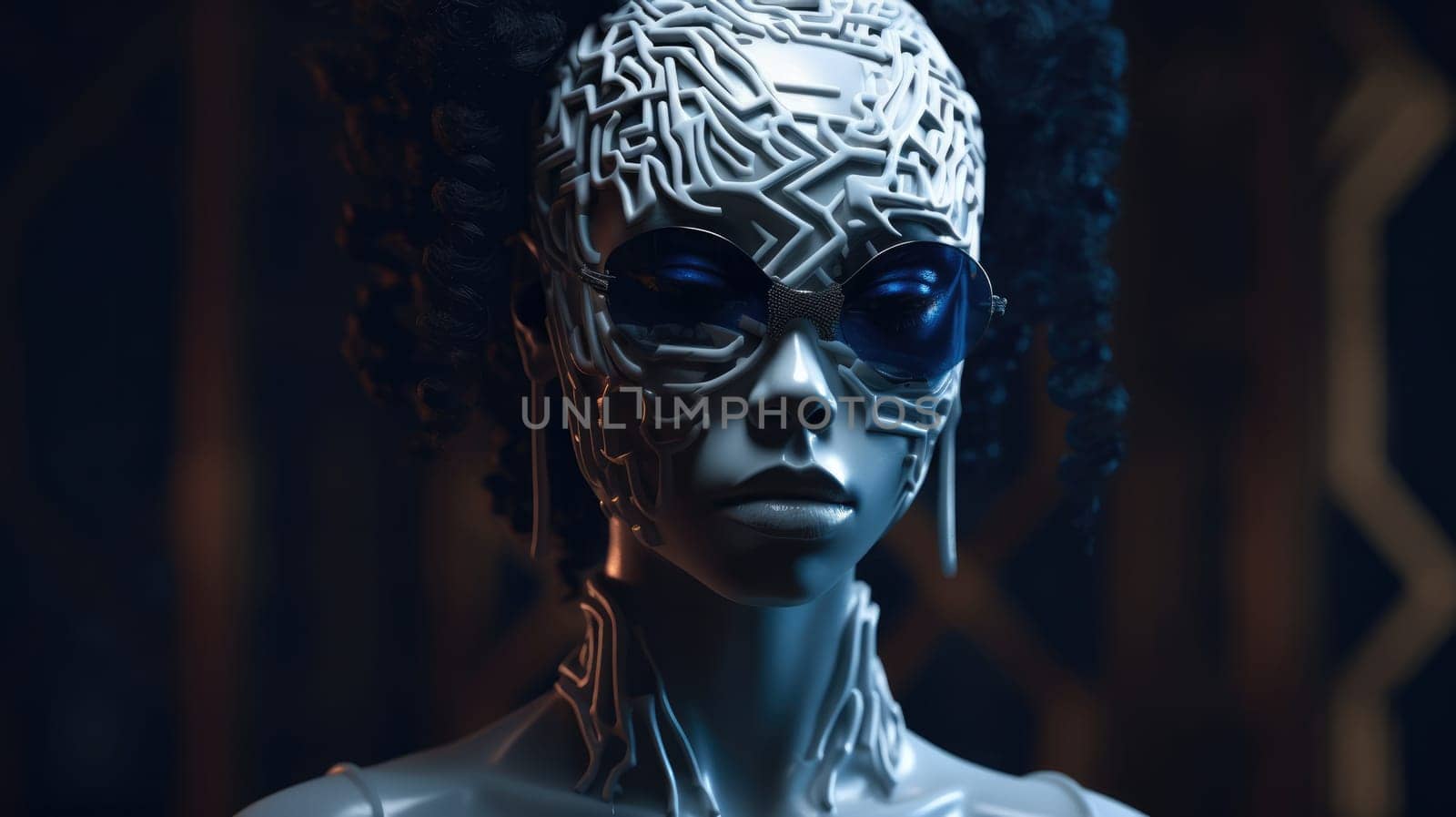 hairstyle and accessories in the style of Afrofuturism and steampunk. fashion and high art. poster and magazine for stylists and designers