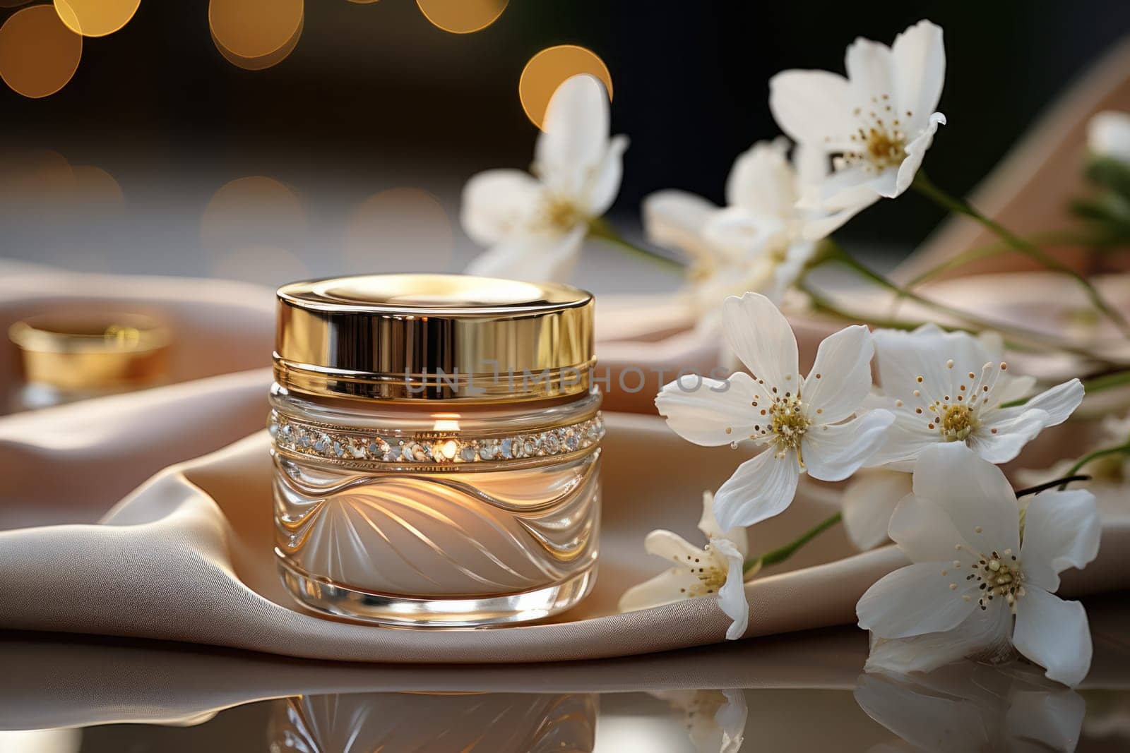 Cosmetic crystal bottle inlaid with gold of a luxury product with white fresh flowers. product presentation, demonstration of cosmetic products. Modern stylish luxury bottle