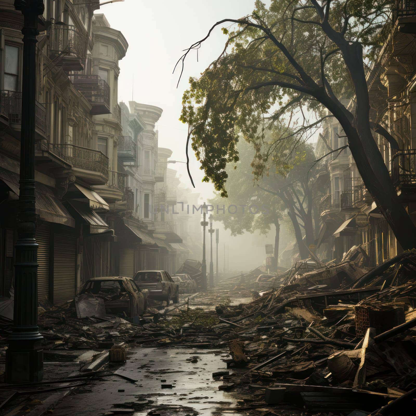 Ruins of a city after a military strike or earthquake, destroyed buildings and empty streets. Apocalyptic landscape concept