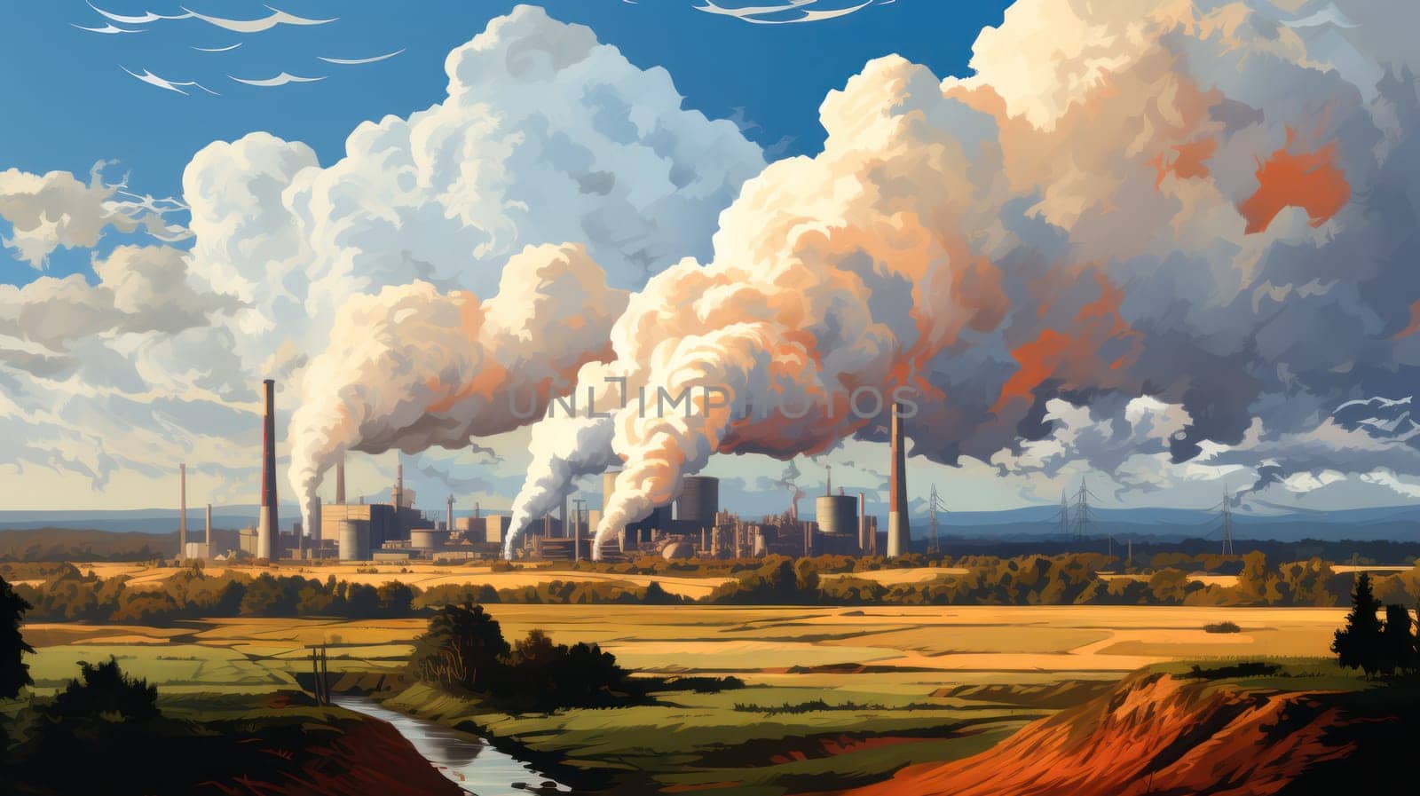 Abstract industrial landscape background.factory smoke clusters pollute the environment, and pollution damages the environment. environmental protection concept