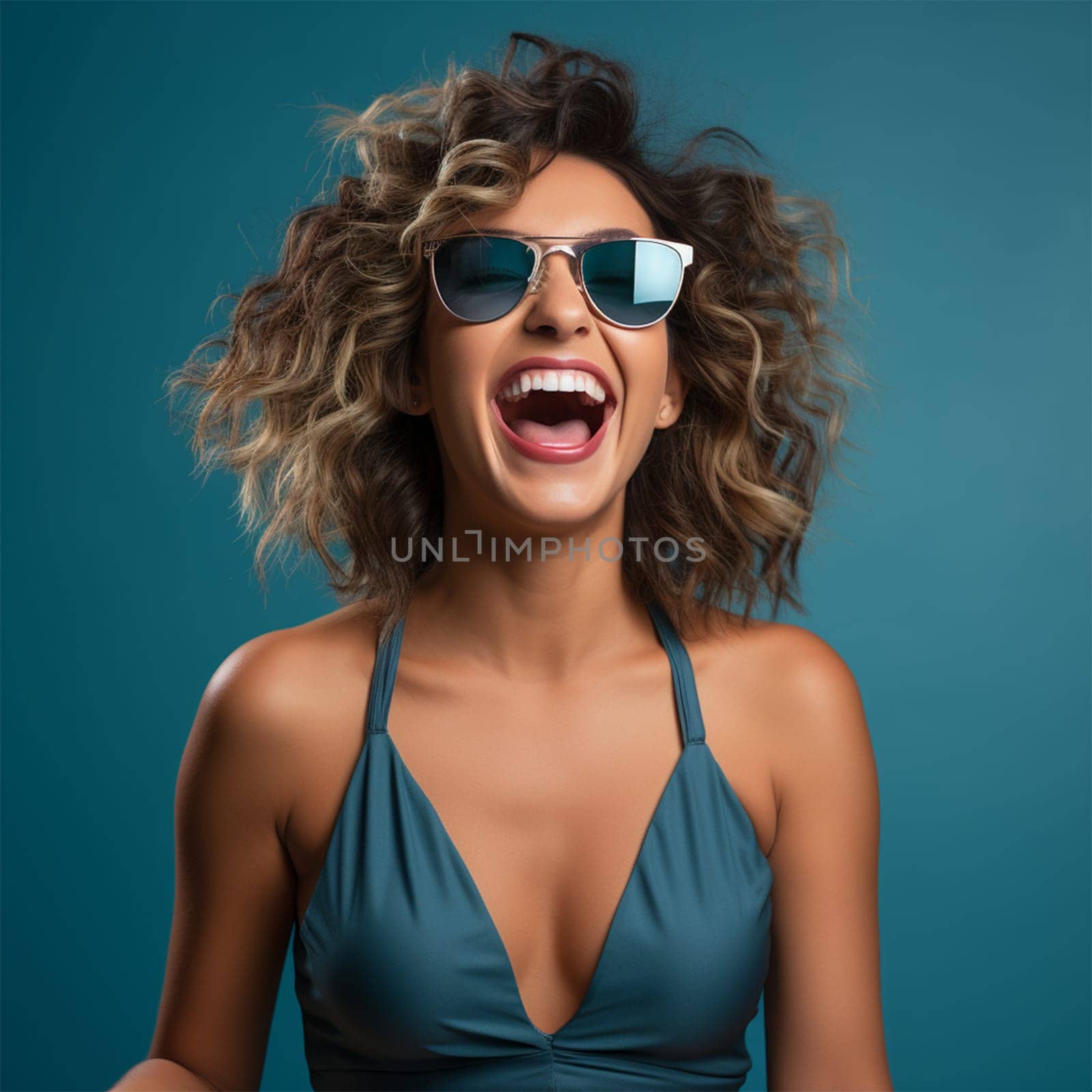 portrait of a cheerful brunette in a light dress and sunglasses on a blue-green background.emotional portrait. copy space