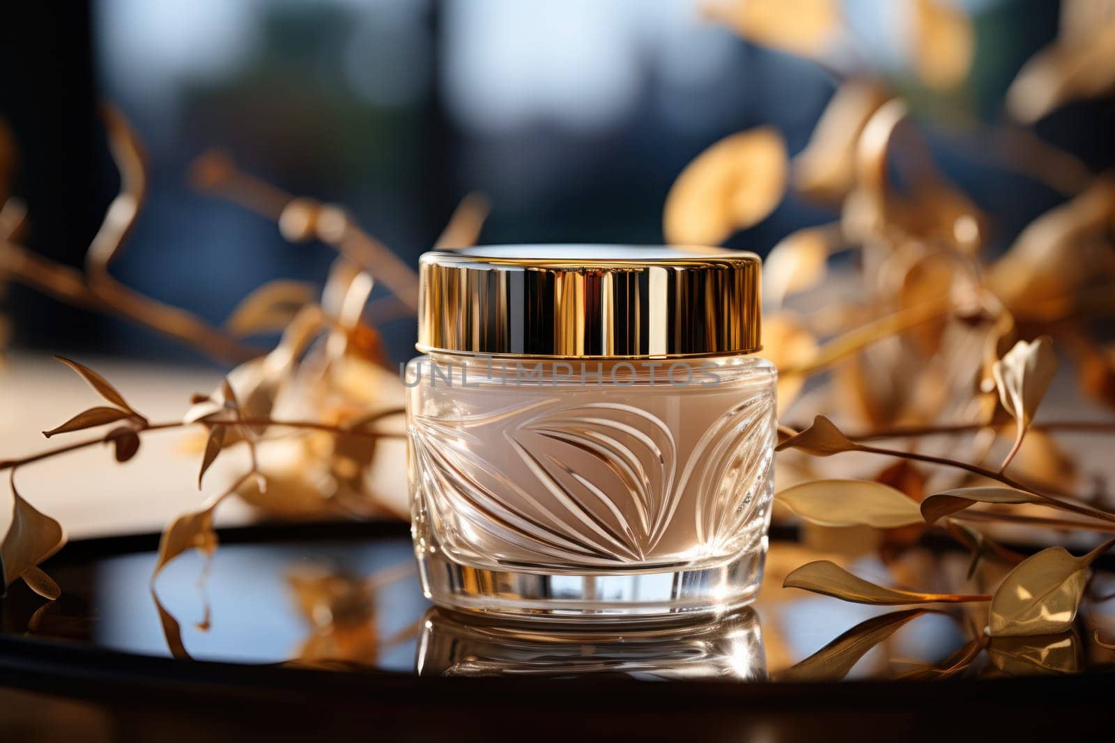Cosmetic crystal bottle inlaid with gold of a luxury product with white fresh flowers. product presentation, demonstration of cosmetic products. Modern stylish luxury bottle