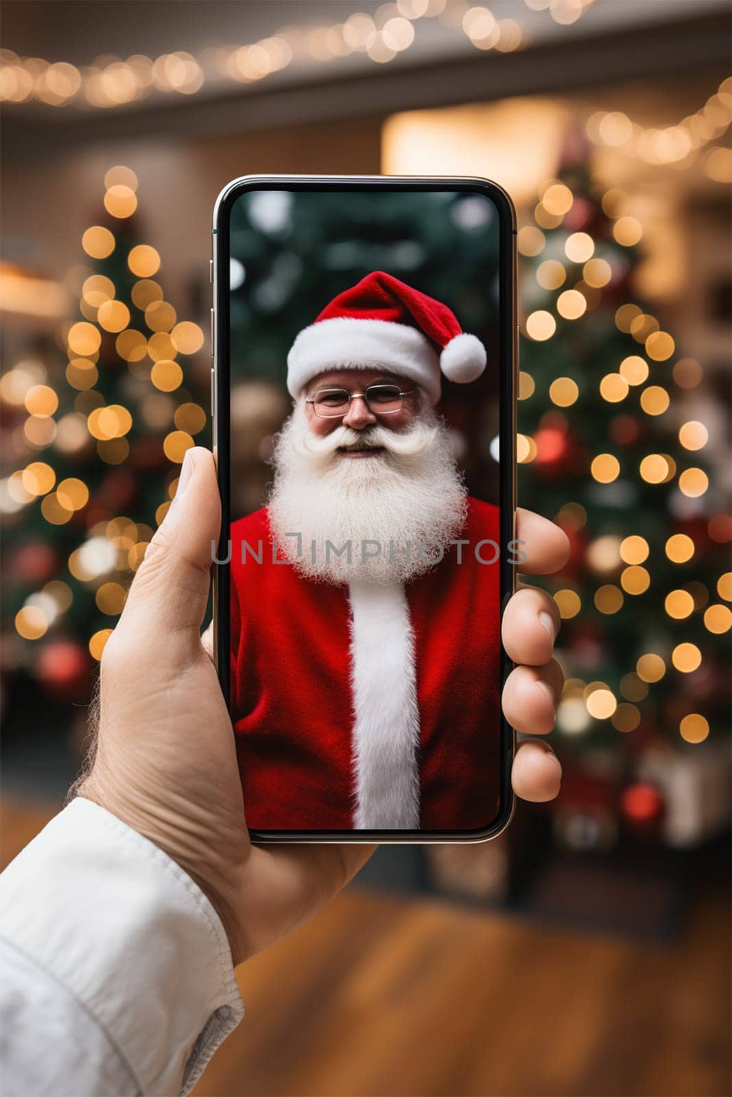 Hand holding smartphone with video chat with Santa Claus on blurred Christmas background