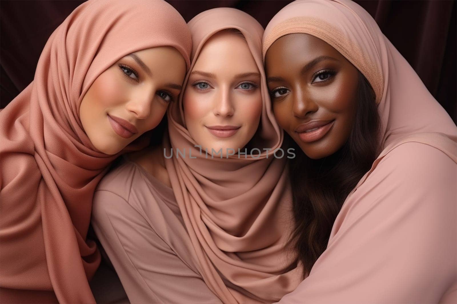 beautiful young women in muslim clothes in pastel colors posing, smiling at the camera, standing together. Portrait of modern young women.racial diversity. Women's fashion concept.