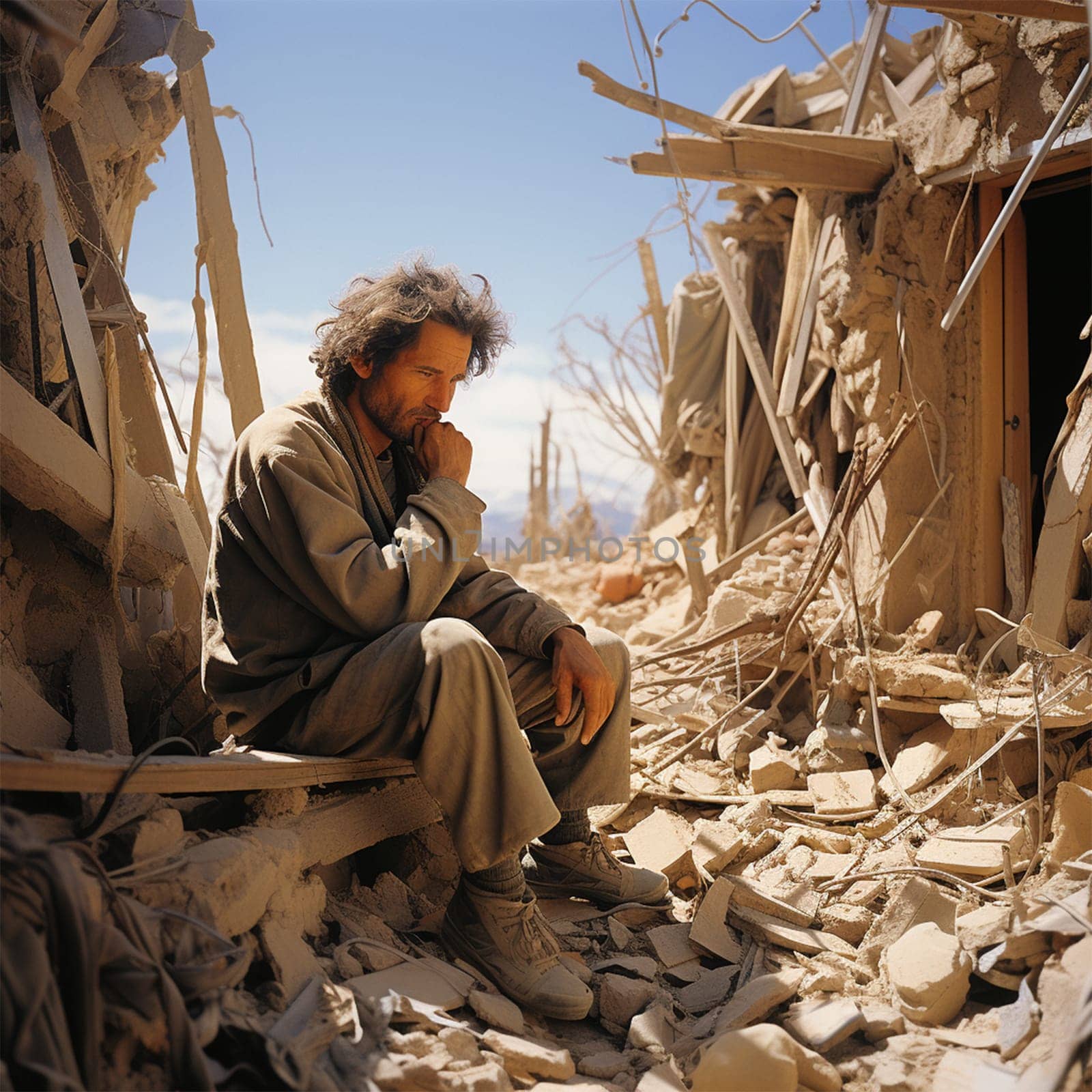 a shocked man sits on the ruins of a house in a city destroyed by an earthquake or war.