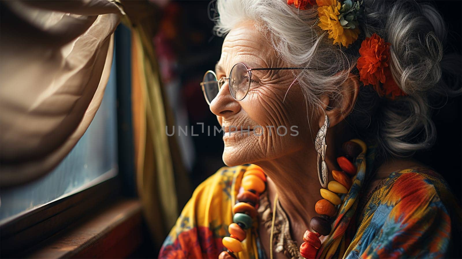 gray-haired elderly woman with wrinkles in bright ethnic clothes with jewelry looks out the window