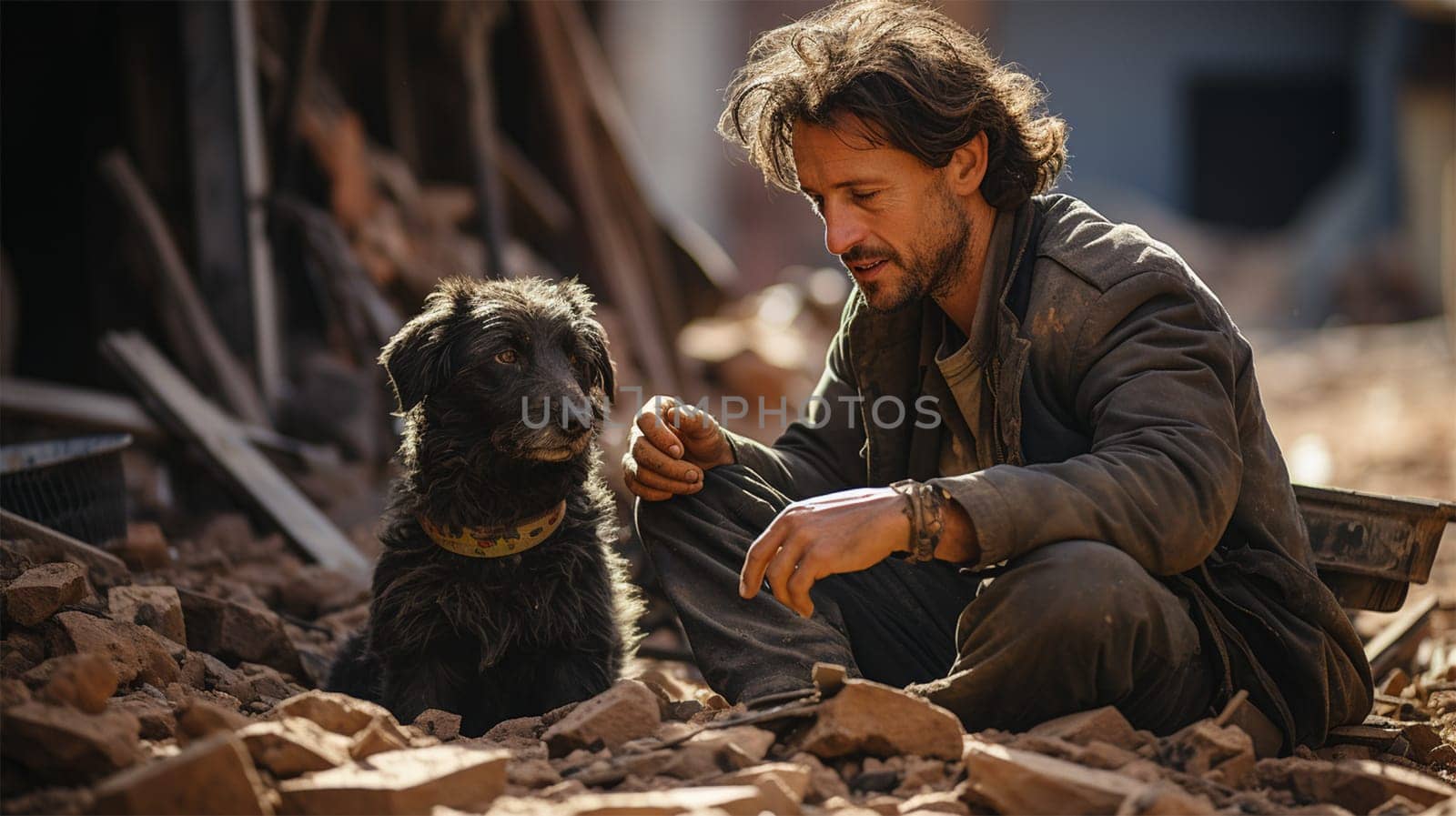 shocked man sitting next to his dog on the ruins of a house in a city destroyed by an earthquake or war