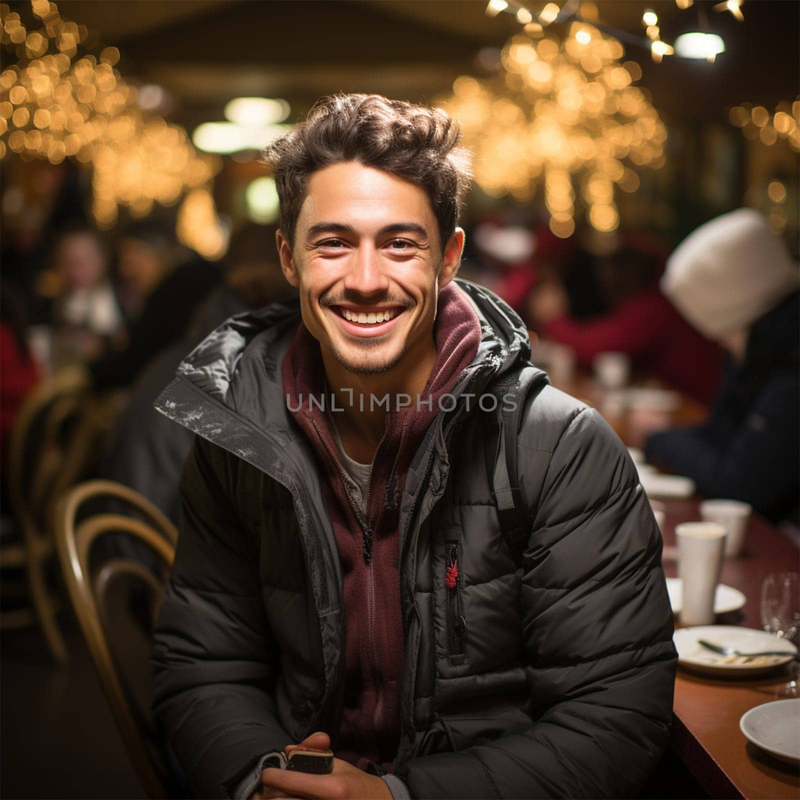 cheerful man near a long table on Christmas Eve at the Christmas market. on a blurred background of long tables with treats on the holiday.