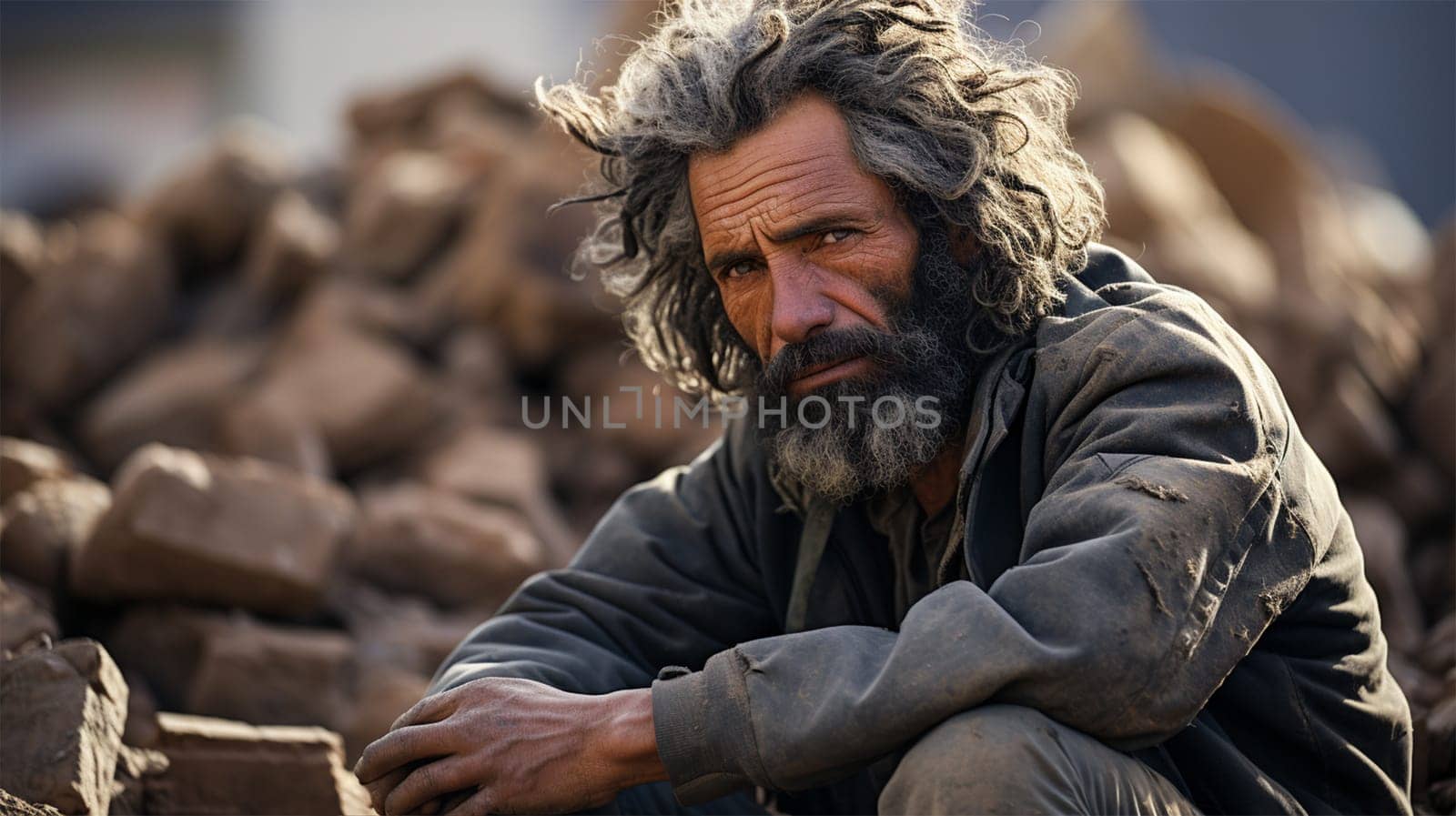 a shocked man sits on the ruins of a house in a city destroyed by an earthquake or war.