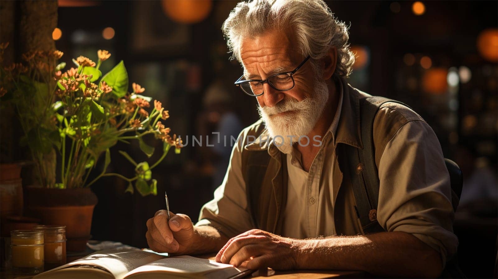 old gray-haired professor reading a book in his office at the table.