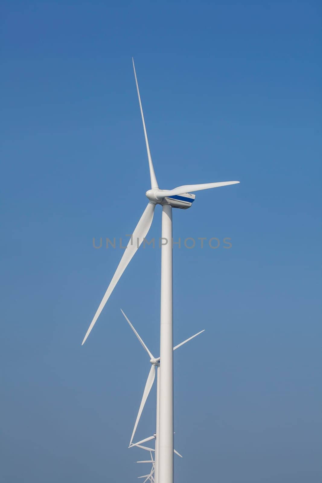 A Modern Wind Farm consisting of Wind Turbines with Two and Three Blades along the Shore of Grevelingenmeer under a Blue Sky in the Netherlands