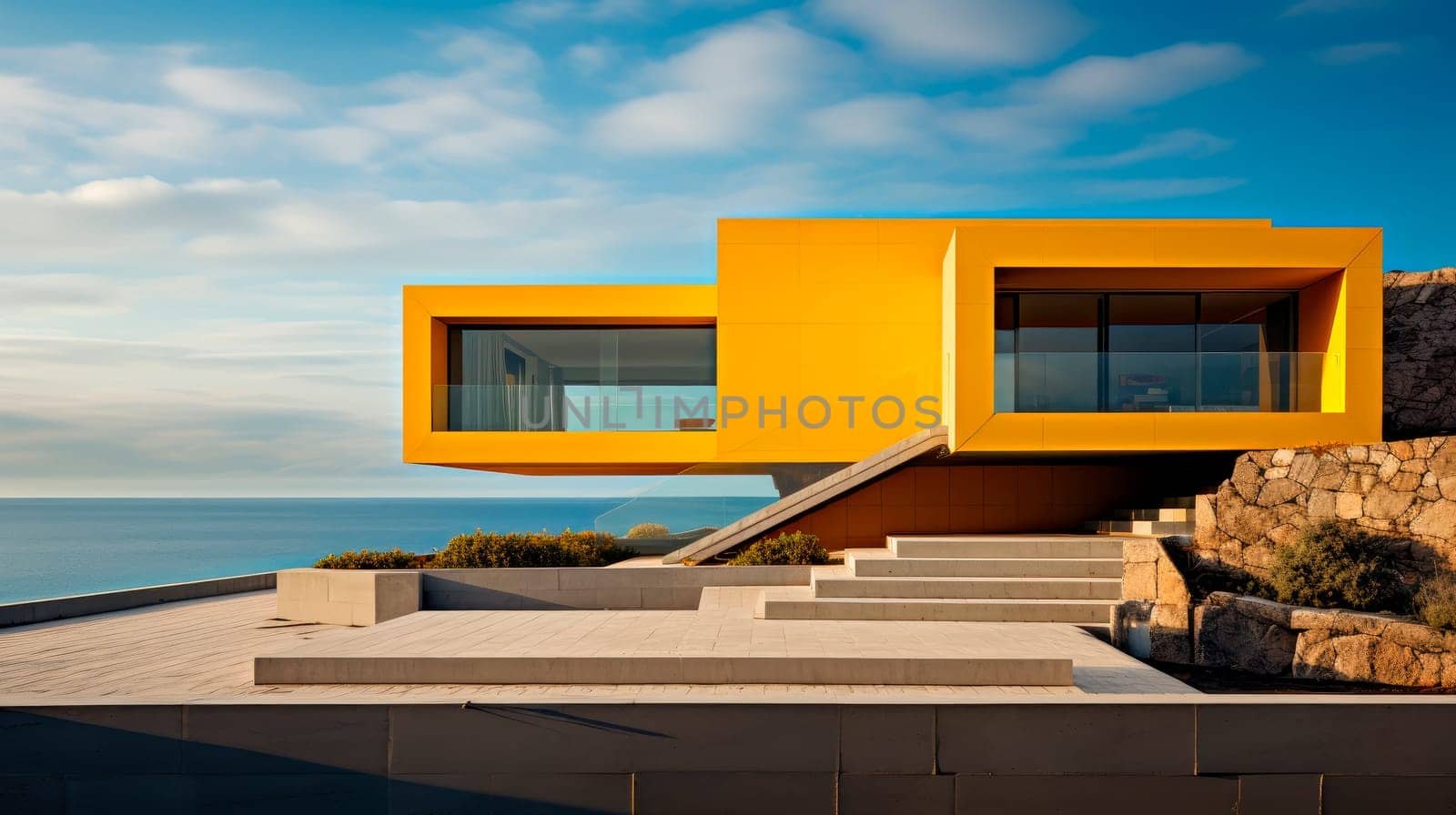 Yellow house minimalist design on a seashore. Futuristic minimalist architecture and beautiful seascape. AI generated
