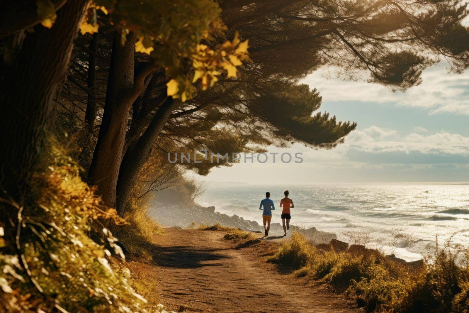 Young couple running outdoor on autumn sunny day. Male and female jogging by the sea. Active people. Cardio training. Physical fitness. Cardio workout. Healthy lifestyle. Daily routine of active people. Body exercising close to nature
