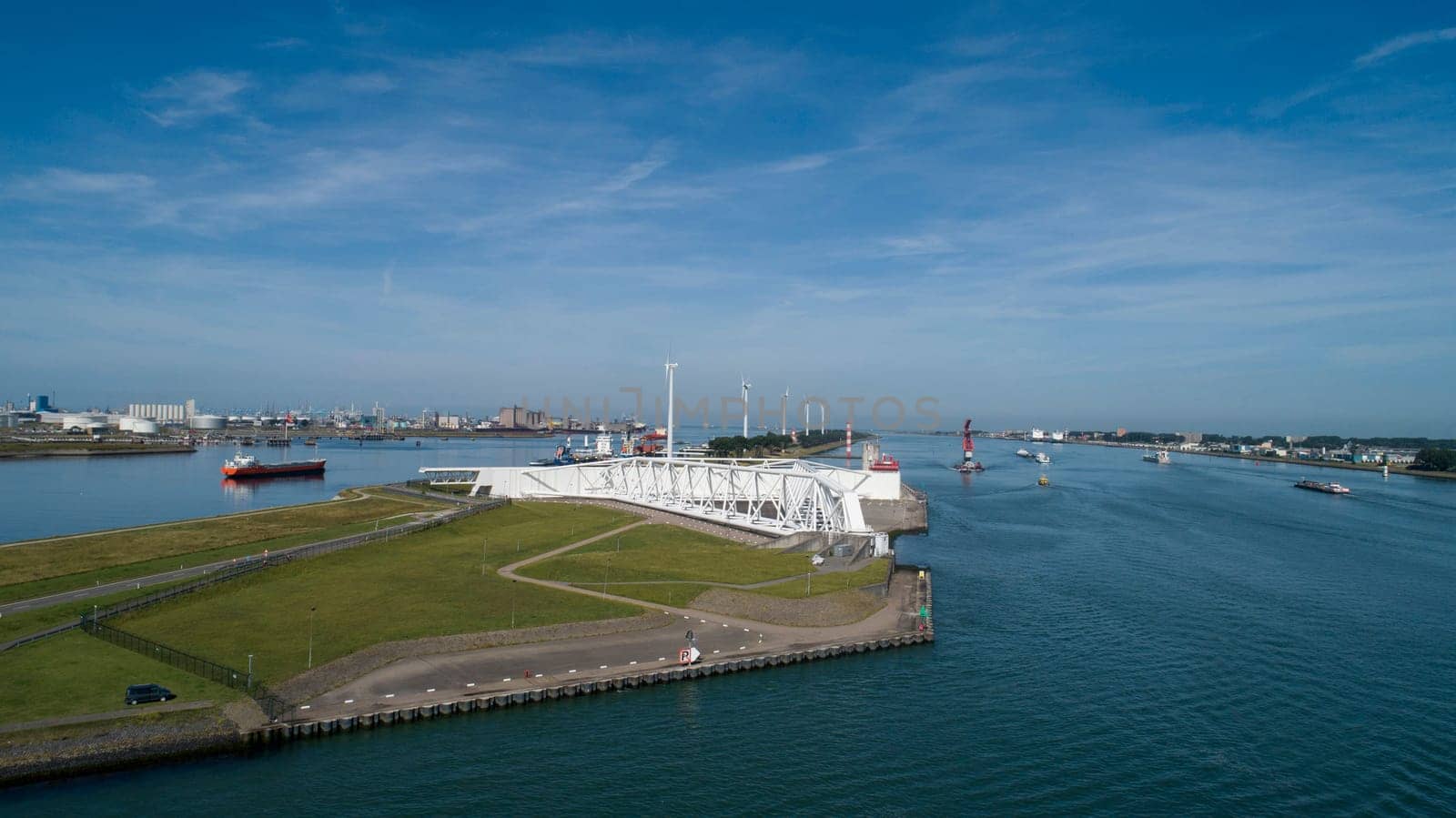 Aerial picture of Maeslantkering storm surge barrier on the Nieuwe Waterweg Netherlands it closes if the city of Rotterdam is threatened by floods and is one of largest moving structures on earth
