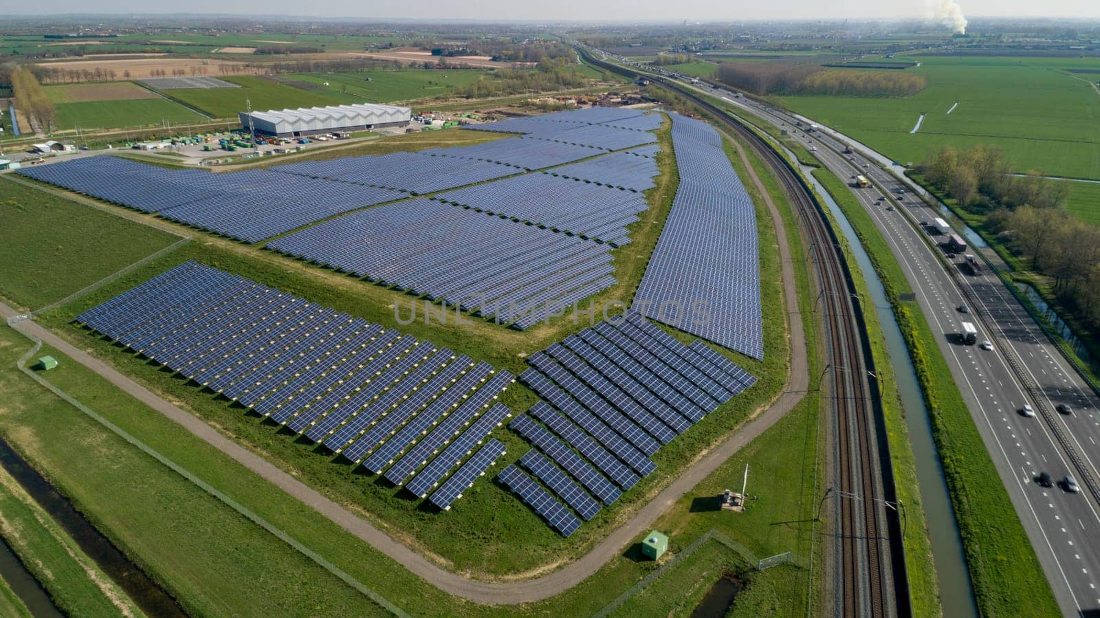 Solar panel farm with photovoltaic panels for clean solar energy