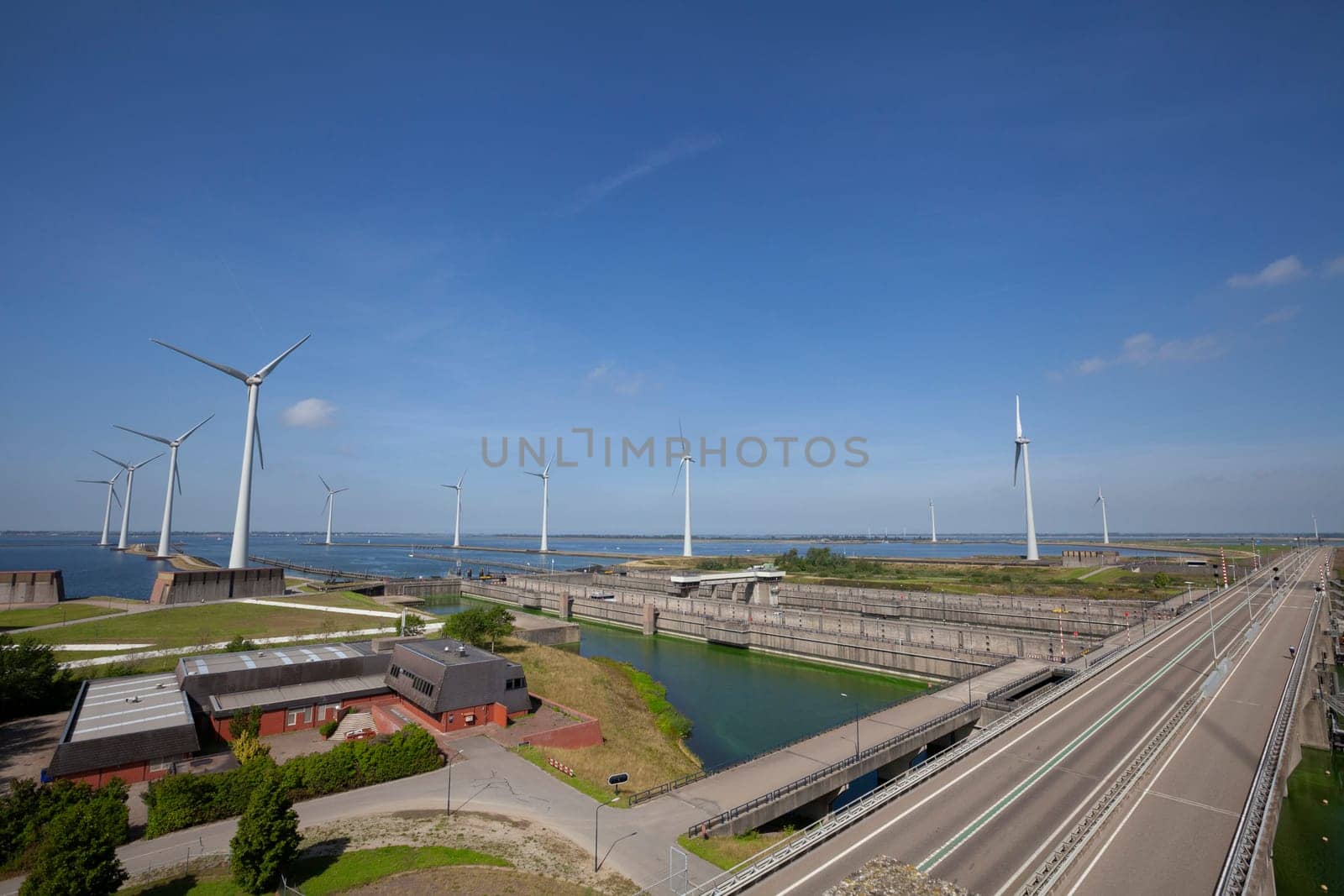 Krammersluizen lake krammer. Drone photograpy from the delta works in Zeeland in the Netherlands