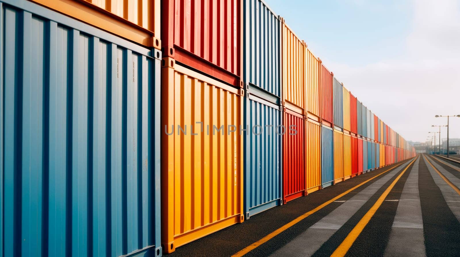 Colorful shipping containers lined up at a shipping port. Handling stack of container shipping yard.AI generated