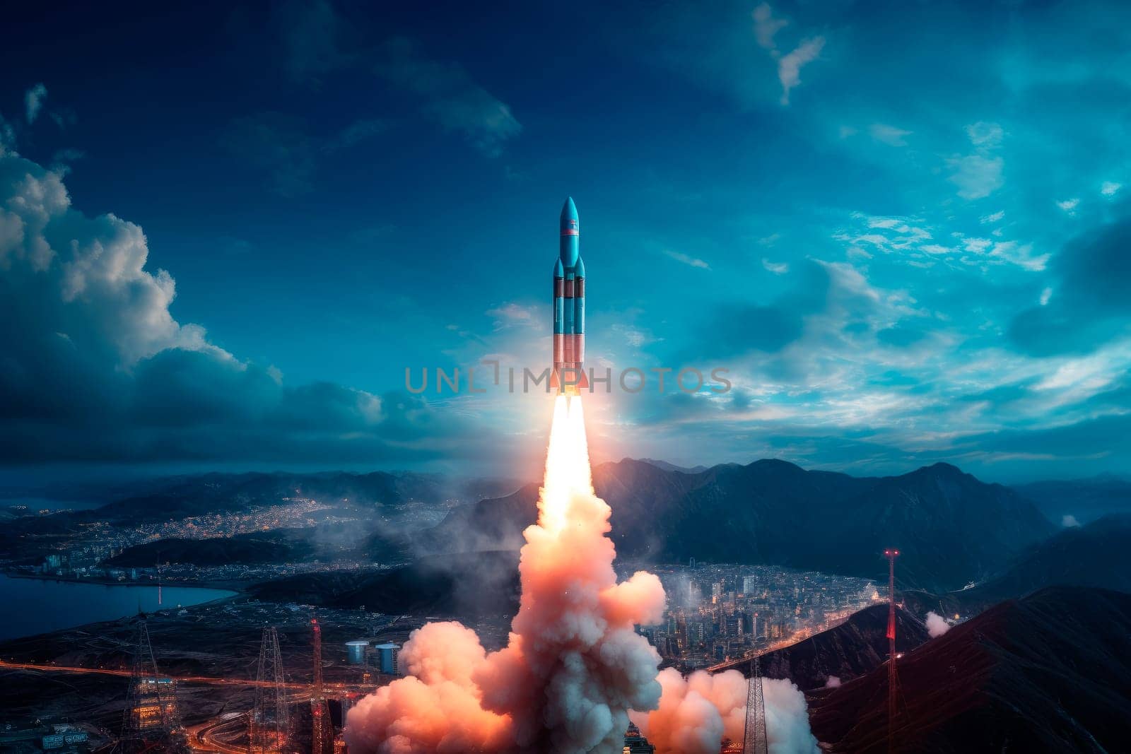 The launch of the space shuttle. Spaceship takes off into the night sky on a mission. AI generated
