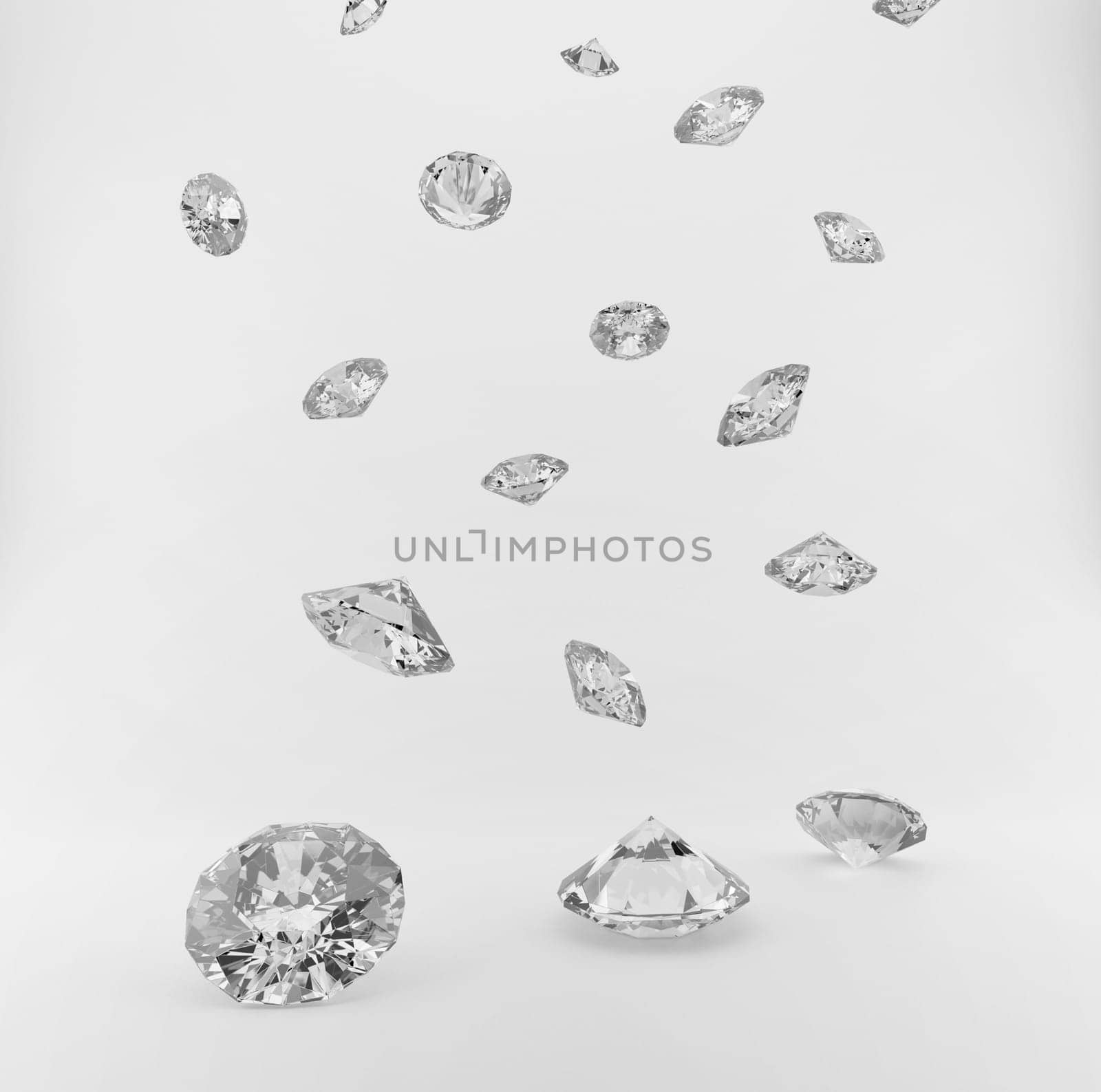 Lots of shiny diamonds falling on gray background