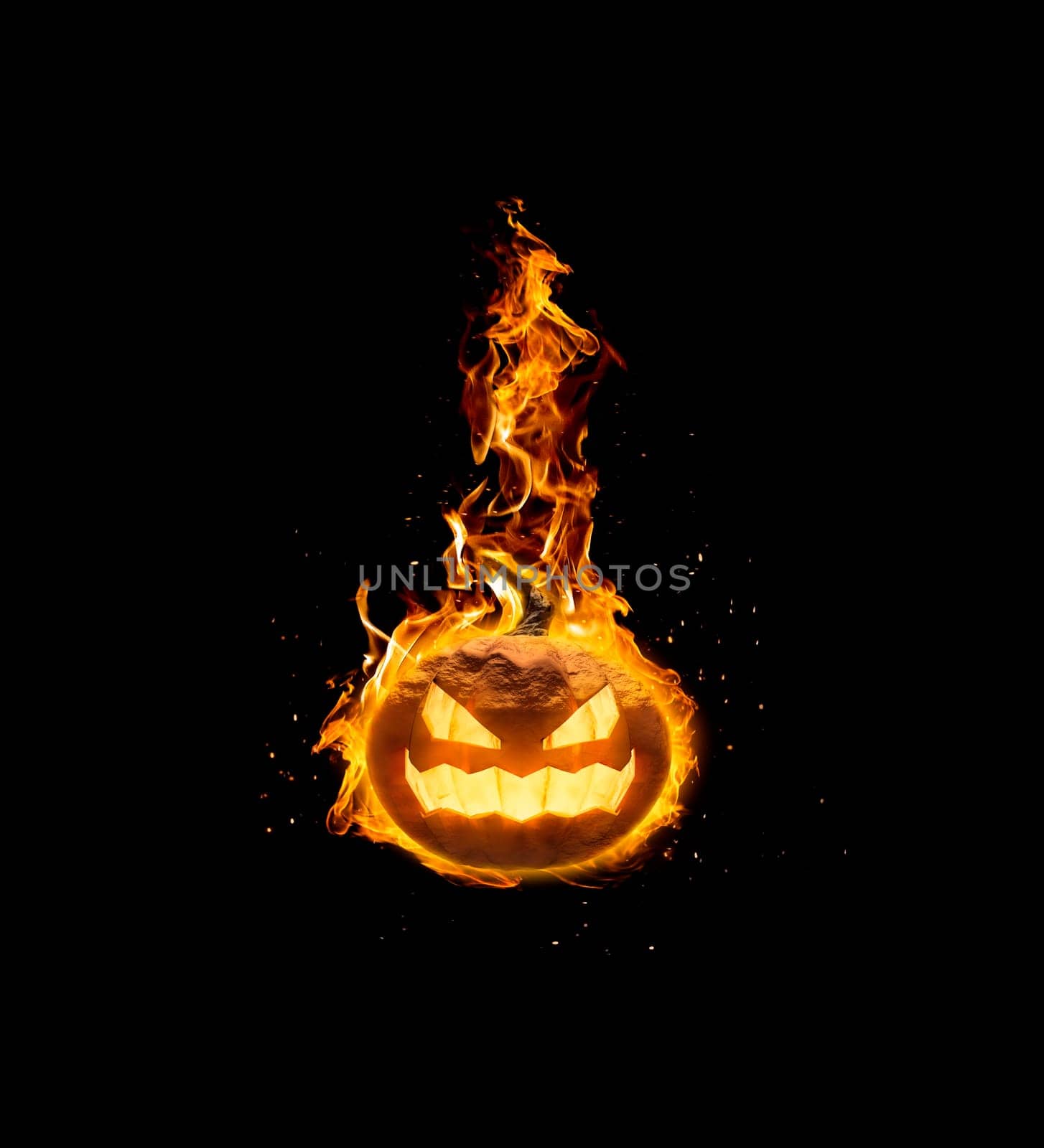 Halloween pumpkin, on fire on black background