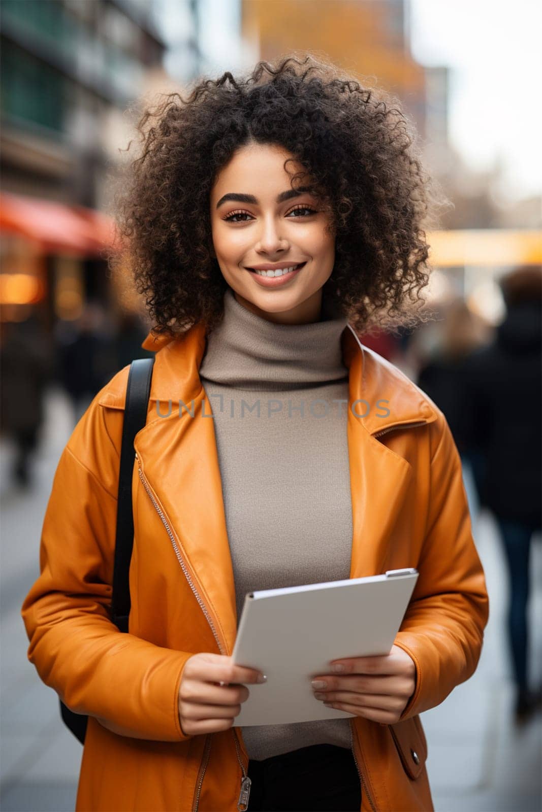 Portrait of a curly brunette in an orange jacket using a digital tablet on a city street on a sunny day