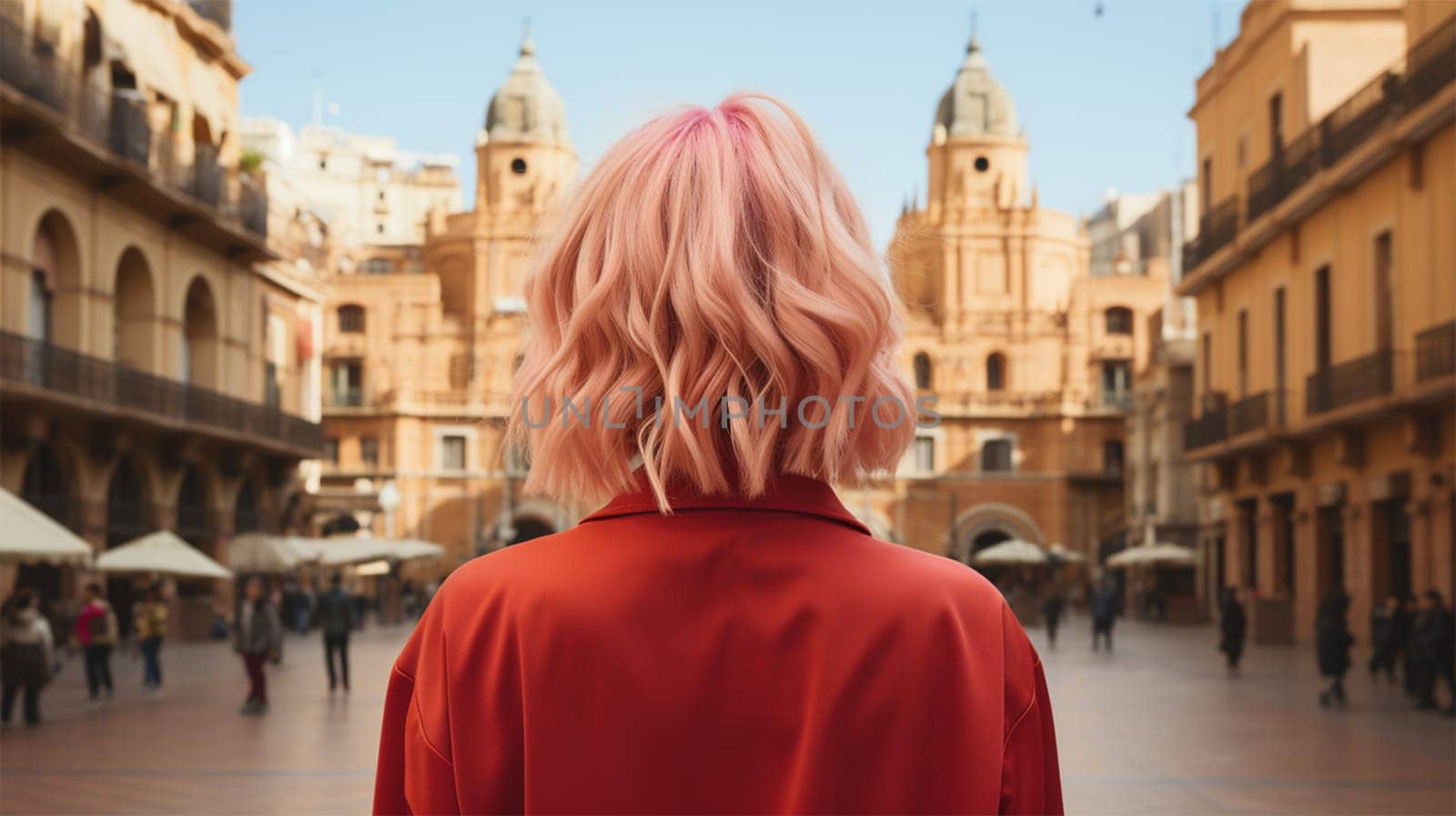 Close-up rear view of a girl with a pink shiny short hairstyle against the backdrop of a European street.