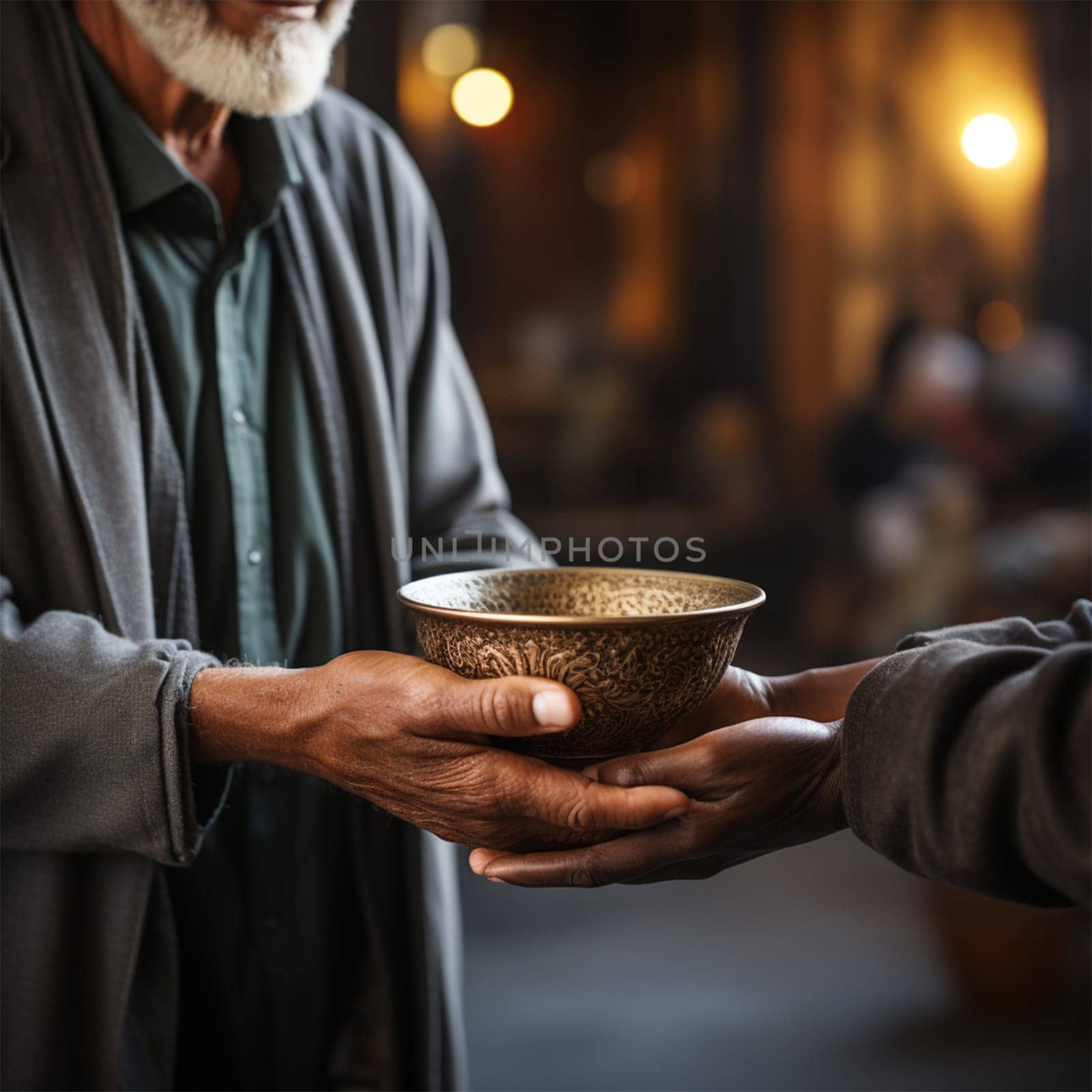 hands of a volunteer giving a bowl of food to someone in need at a help and support center.concept of care and assistance to the homeless, the poor and those affected by natural disasters and wars.